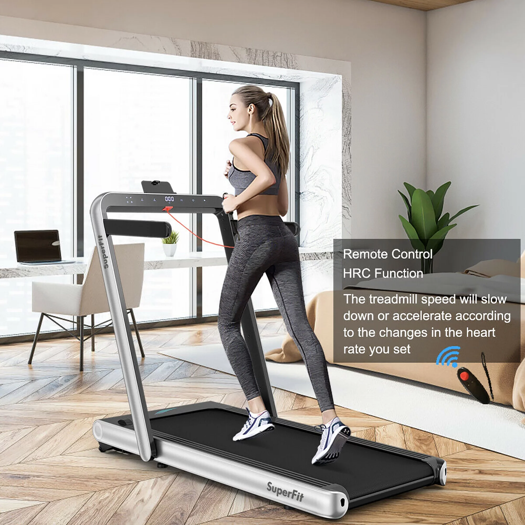 SuperFit 4.75HP 2 In 1 Folding Treadmill W/Remote APP Control White - Womvr