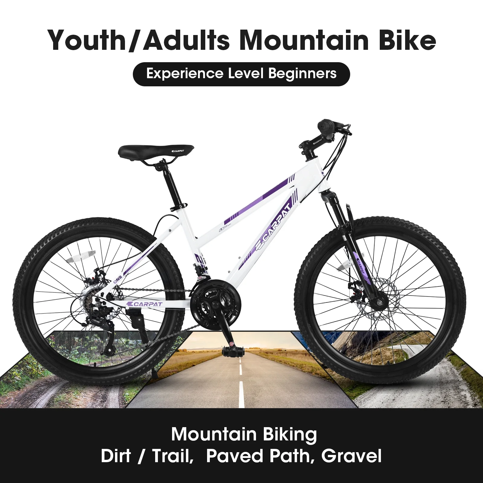 Mountain Bike for Boys Girls, 24 inch Kids Mountian Bike with Disc Brakes & 21 Speed, White - Womvr