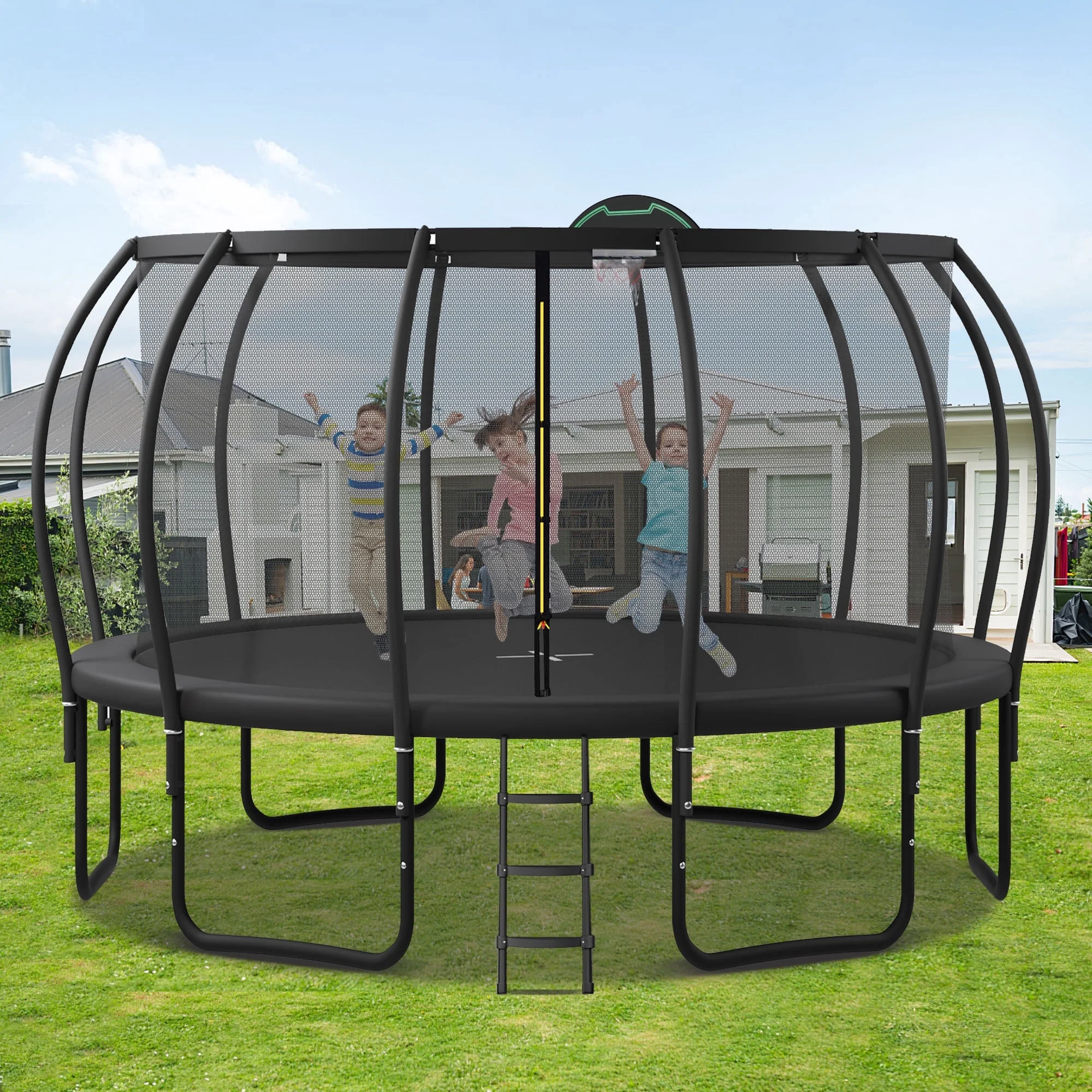 Jump Into Fun Trampoline 12FT 14FT 15FT 16FT, 1200LBS Trampoline for Adults/ 5-6 Kids, Trampoline with Enclosure, Basketball Hoop, Wind Stakes, Outdoor Upgraded Arc Pole Trampoline - Womvr
