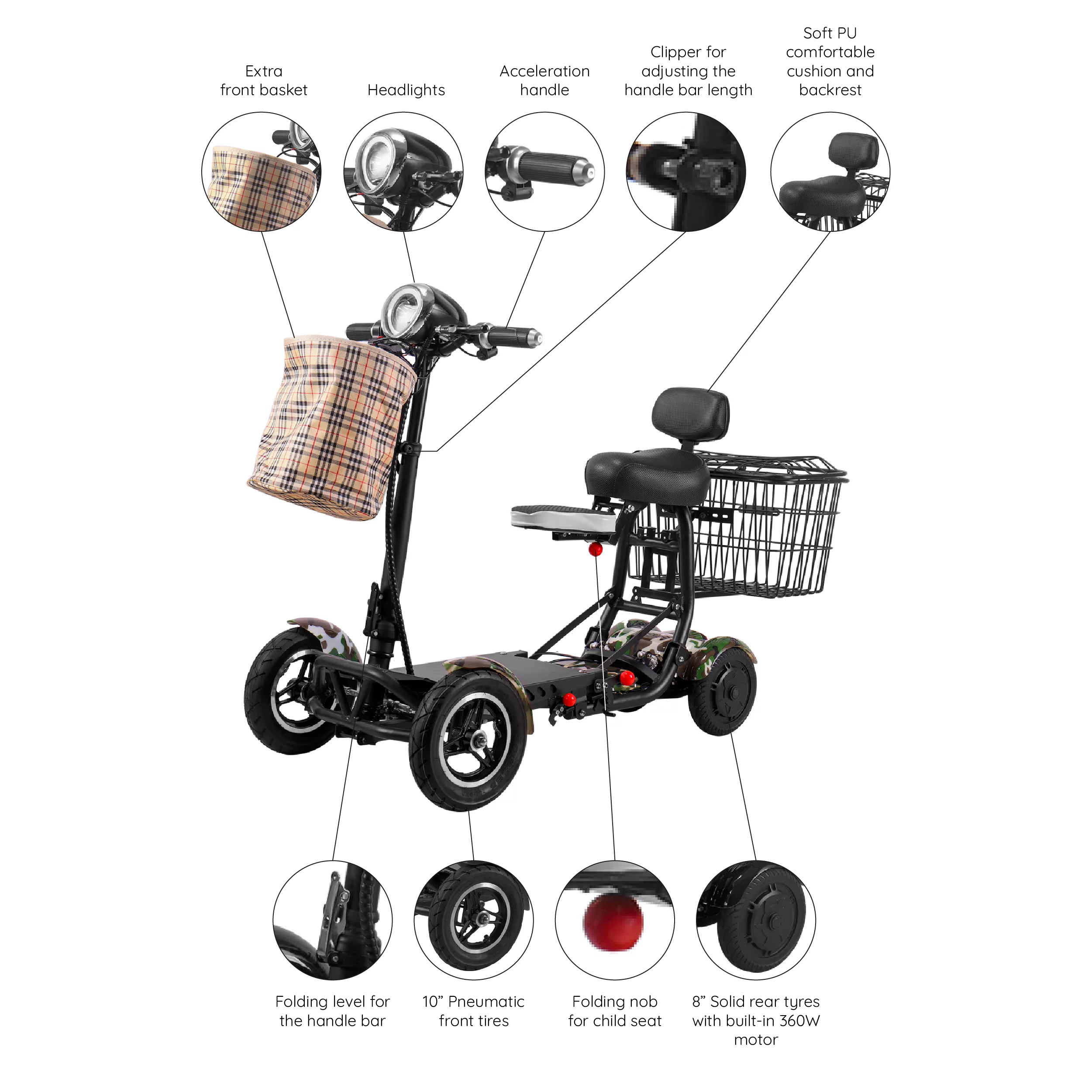 Smart Lightweight Electric Power Scooter, 4 Wheels Foldable Double Seats - Womvr