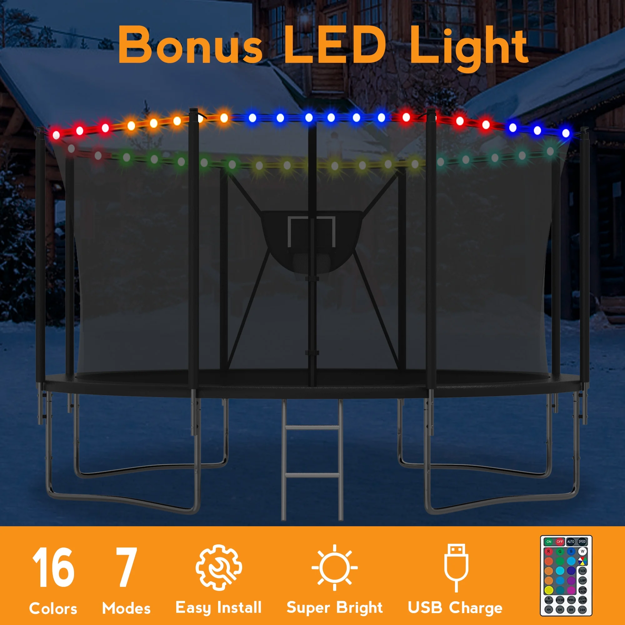 KOFUN Trampoline with Adjustable Basketball Hoop & Light, 1500lbs 10FT 12FT 14FT 16FT Trampoline for Adults and Kids, No Gap Design Backyard Trampoline with Enclosure Net, Ladder, Green - Womvr