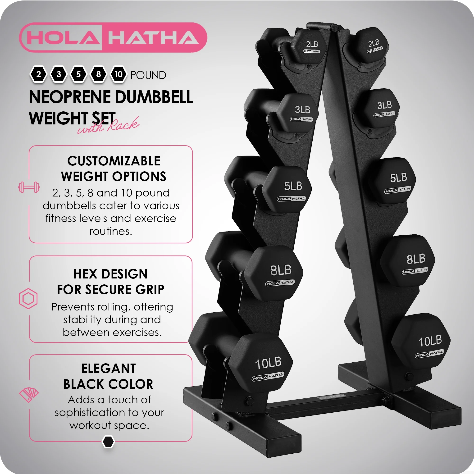 HolaHatha 3, 5, and 8 Pound Dumbbell Hand Weight Set with Storage Rack, Multi - Womvr