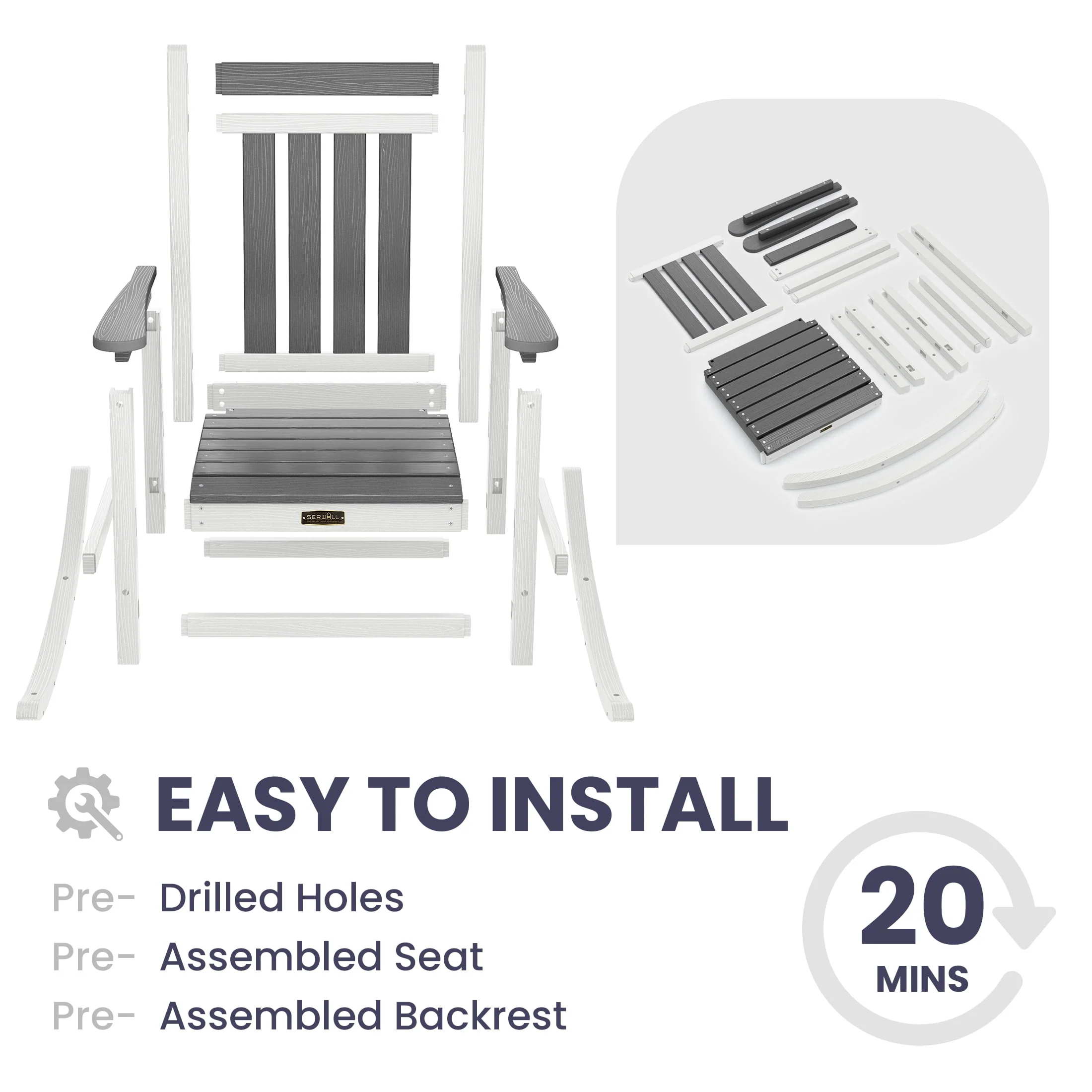 SERWALL Outdoor Oversized Slat Rocking Chair, HDPE Plastic Porch Rocker, Gray - Womvr