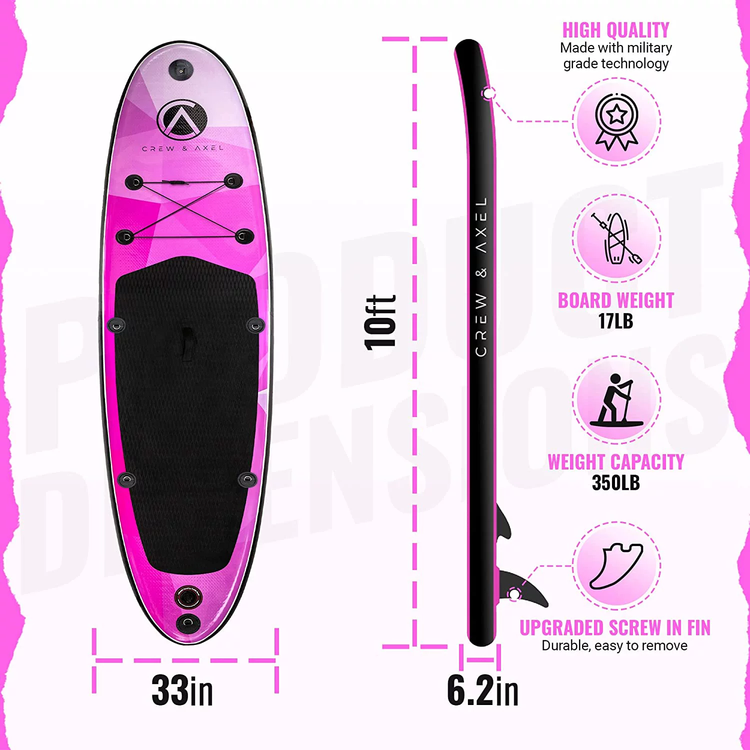 Crew Axel Inflatable Paddle Board 10'33'6” (18lb) SUP Kit Includes Paddle Pump Bag Shiny Pink - Womvr