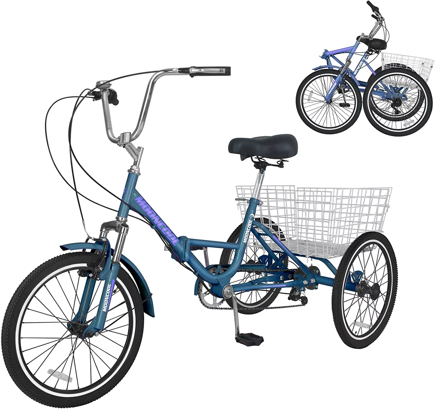 MOONCOOL Adult Folding Tricycle, 7 Speed 20/24/26 inch Adult Tricycles, Three Wheel Bike Cruiser Trike with Large Basket - Womvr