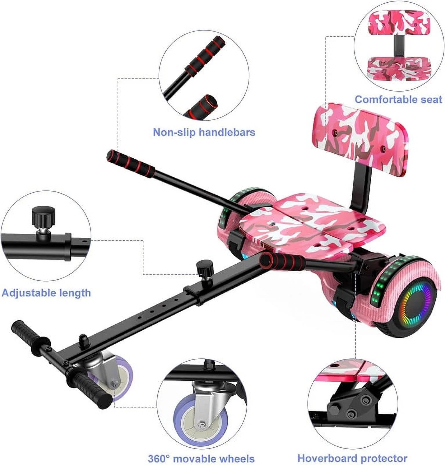 SISIGAD Hoverboard with Seat, 6.5 inch Hoverboard Go Kart Combo with Bluetooth Speaker & LED Lights for Kids Adults - Womvr