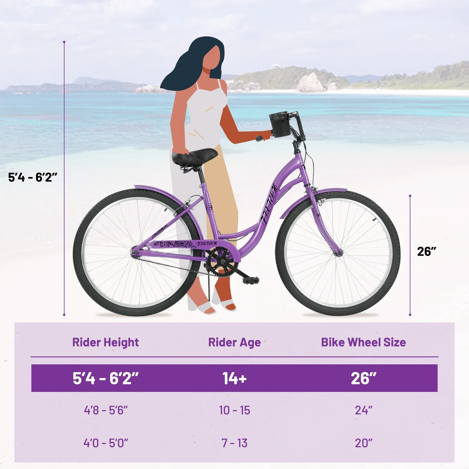 FIXTECH 7 Speed Foldable Comfort Cruiser Bike, 26 inch with Basket for Women and Girls, White - Womvr