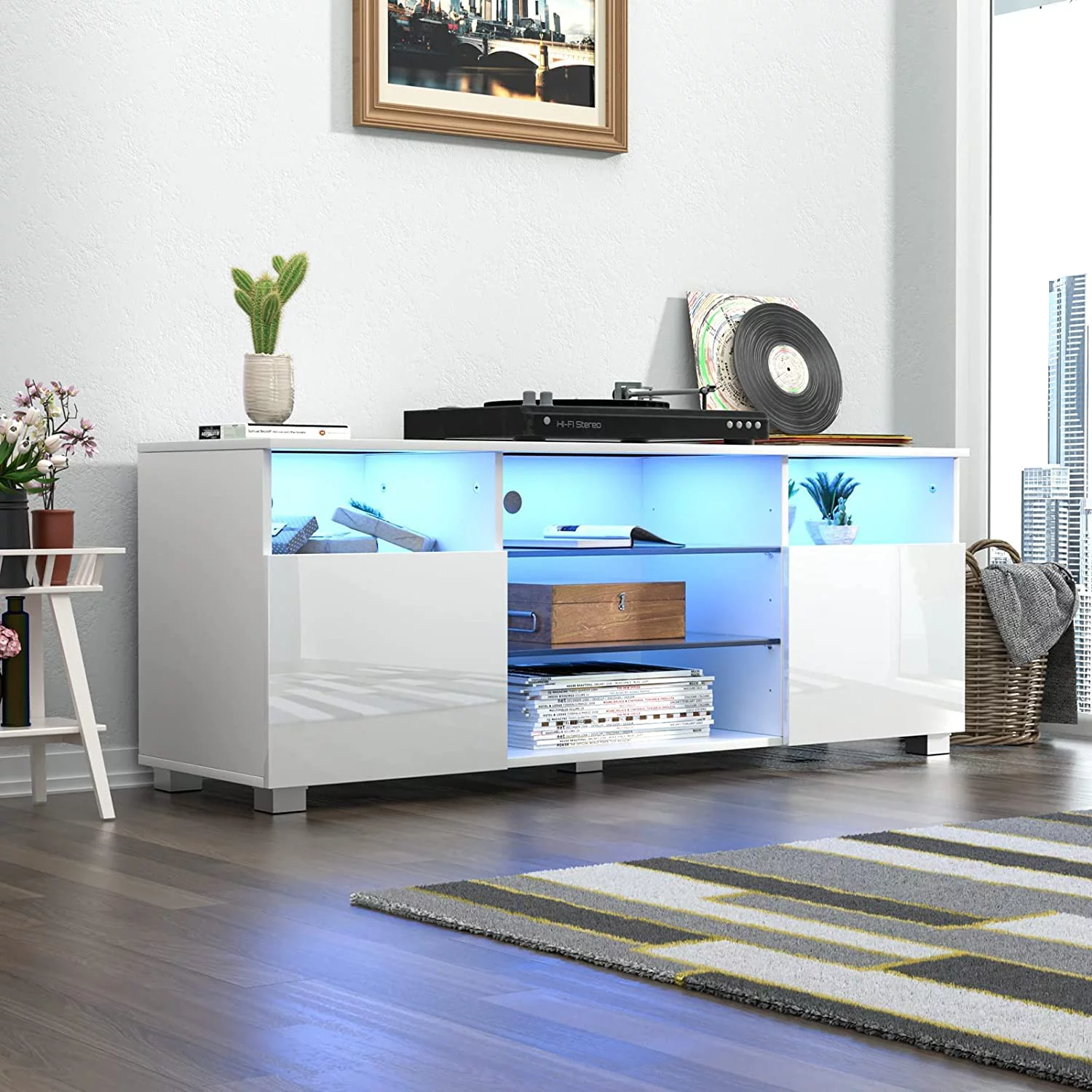 ChVans LED TV Stand for 65/70inch, High Glass Modern Entertainment Center with LED Lights and Glossy Cabinets(Black-65