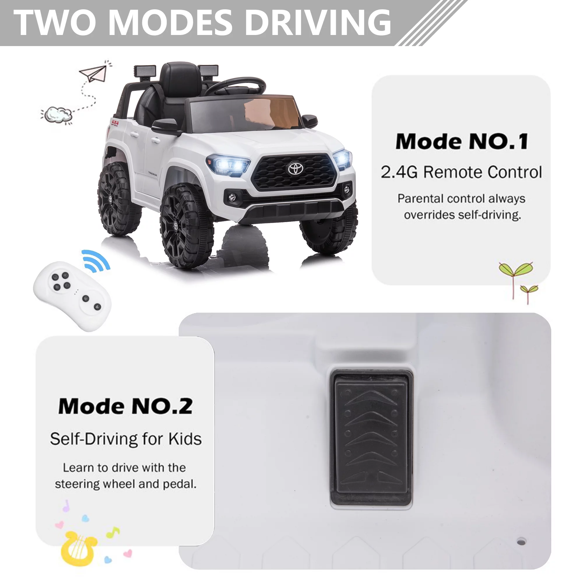 Licensed Toyota Tacoma Electric Ride on Vehicle for Kids, 12V Powered Ride on Car Toys with Remote Control, LED Lights, MP3 Player, Gray - Womvr
