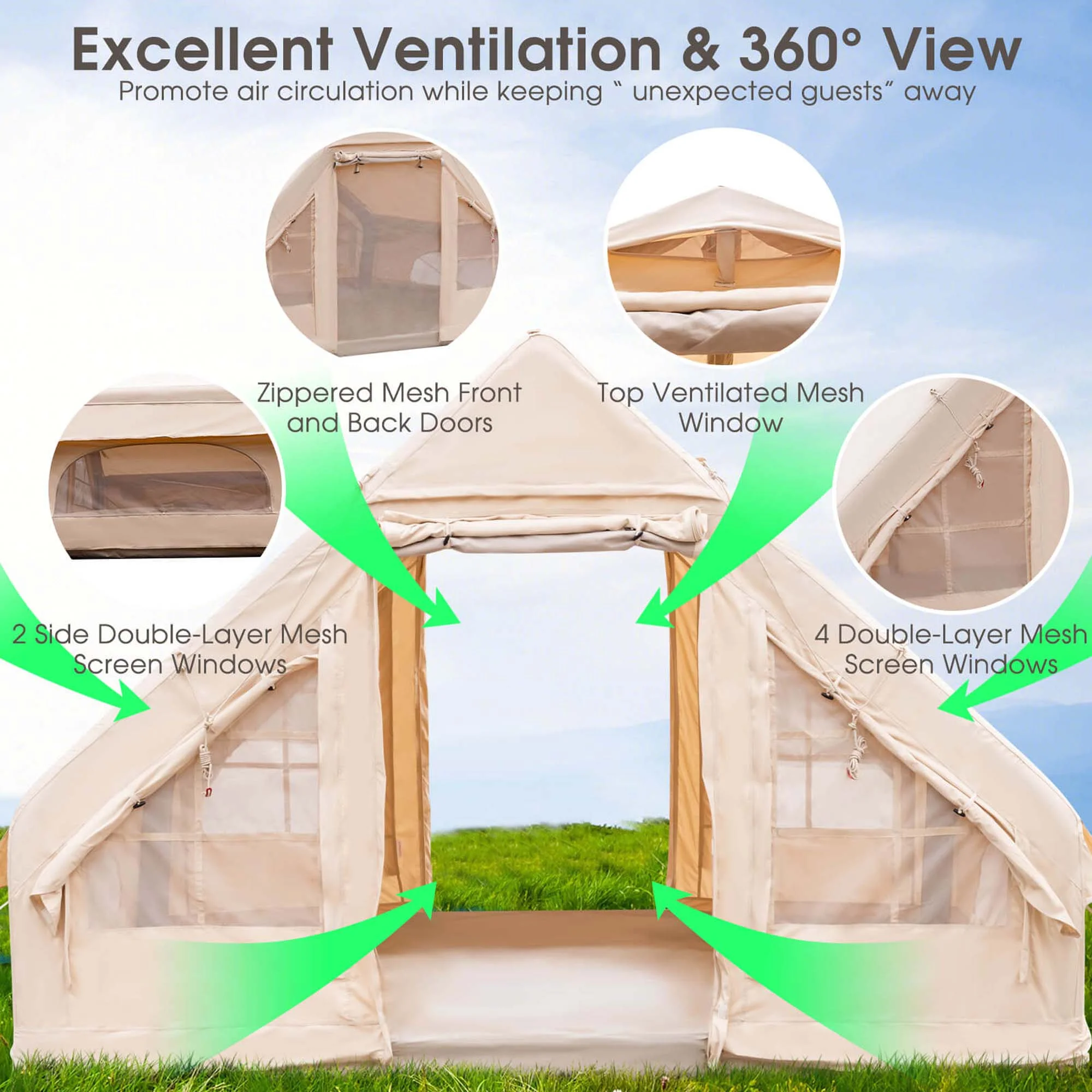 Costway Inflatable Camping Tent 2-6 People Cotton Glamping Tent for Family Camping - Womvr