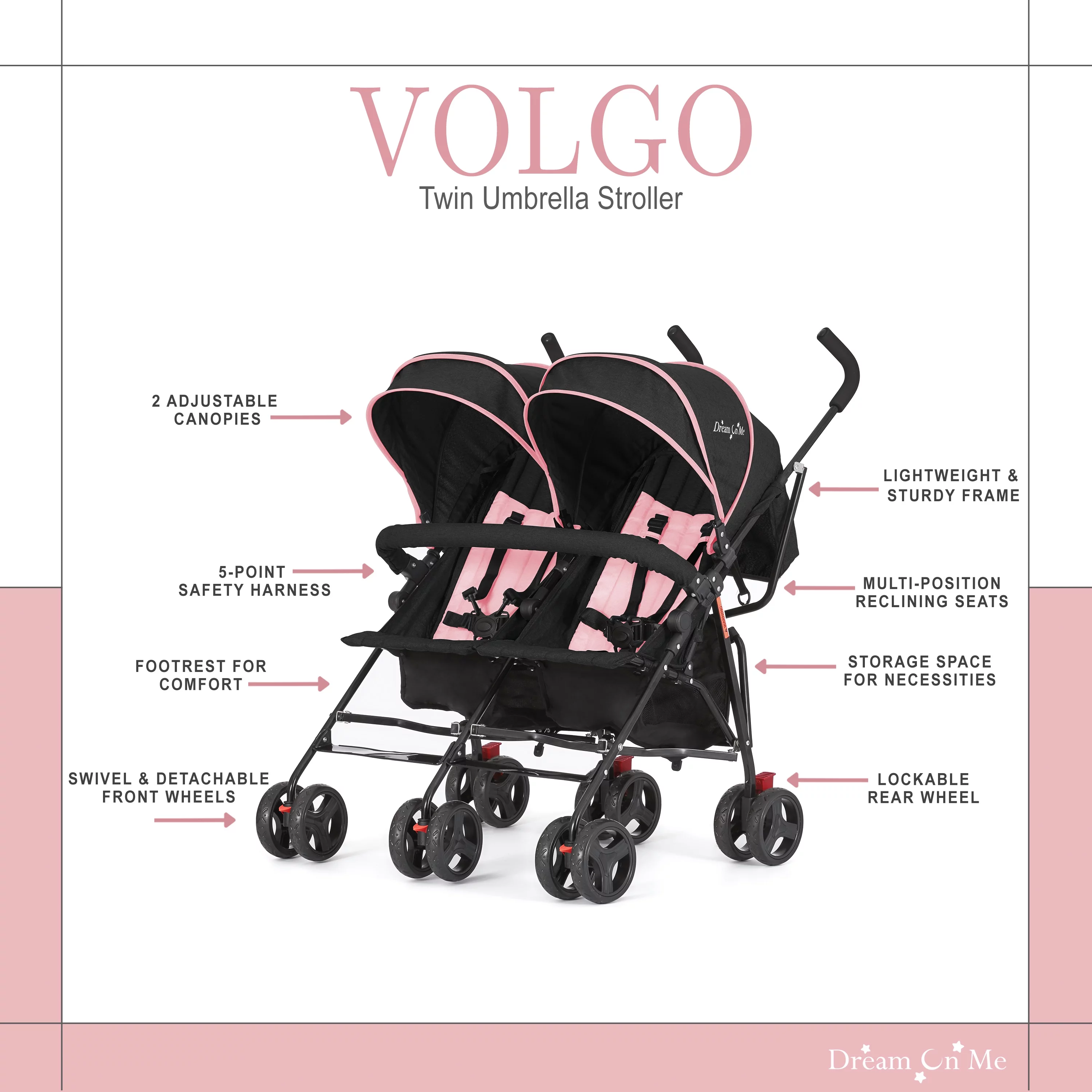Dream On Me Vo o Twin Umbrella Stroller in Gray, Lightweight Double Stroller for Infant & Toddler, Compact Easy Fold, Large Storage Basket, Large and Adjustable Canopy - Womvr