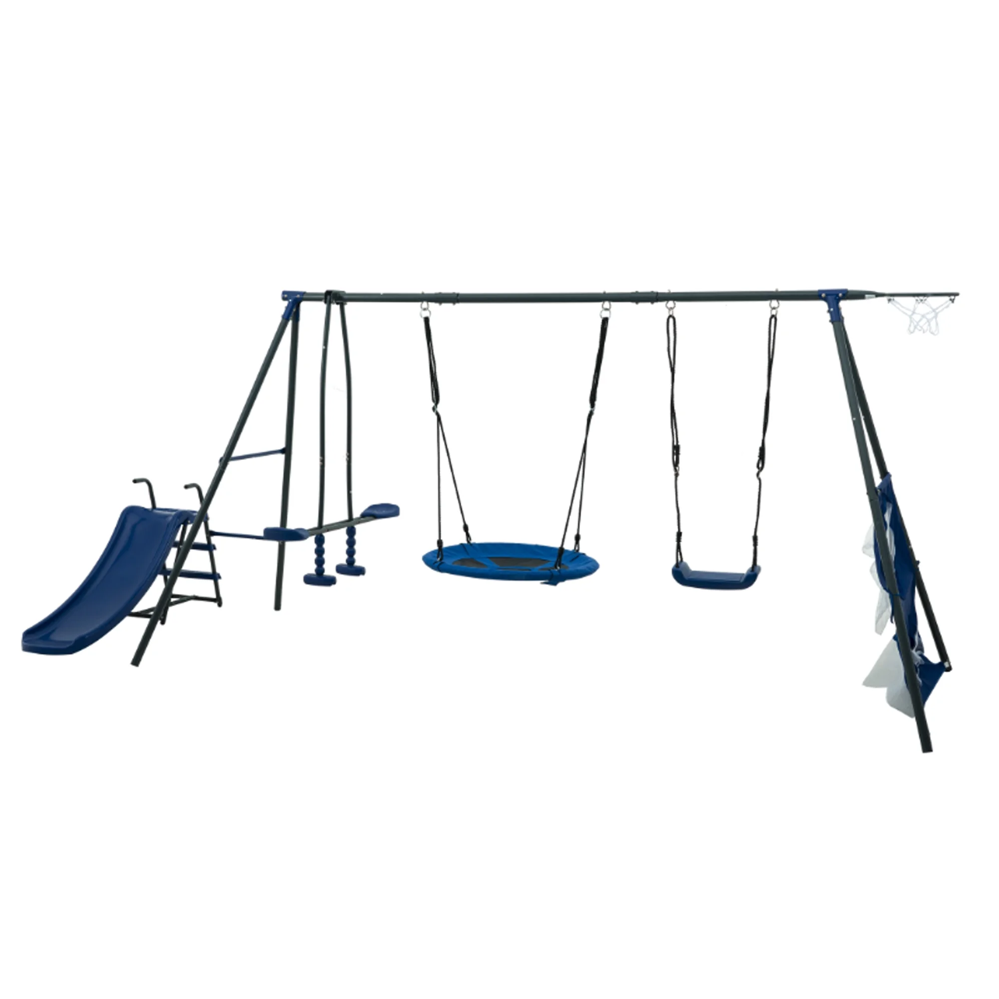 5 in 1 Metal Swing Set for Outside, Kids Backyard Swing Set with Swing Chair, Slide, Glider, Ground Nail, Outdoor Backyard Playground Swing Sets for 3-8 Year, Max Weight 700 lbs - Womvr