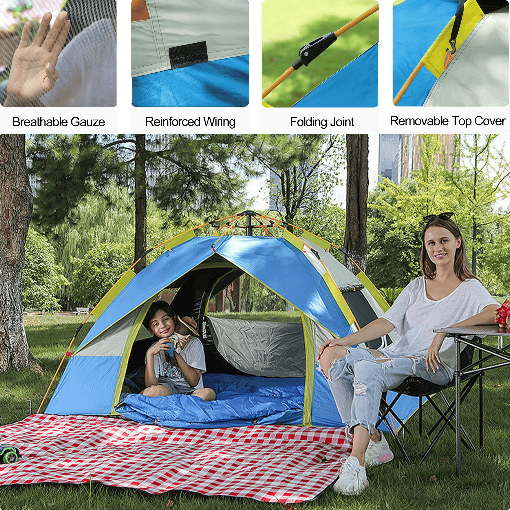 Camping Tent, 4-Person Instant Pop Up Tent with Moisture Proof Mat, Lightweight, Easy Set Up, Foldable, Waterproof, Windproof - Womvr