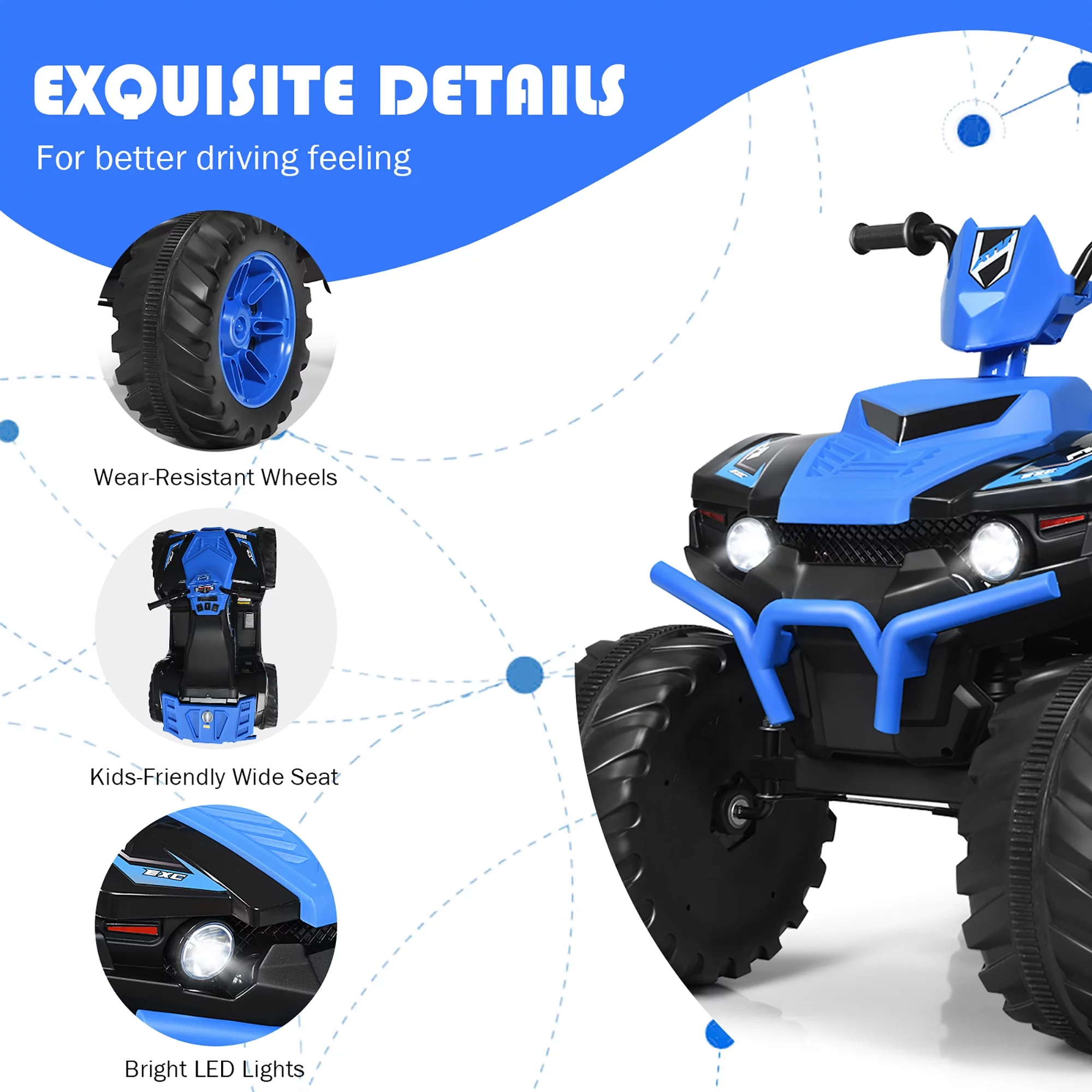 Costway 12V Kids 4-Wheeler ATV Quad Ride On Car w/ LED Lights Music  USB Navy - Womvr
