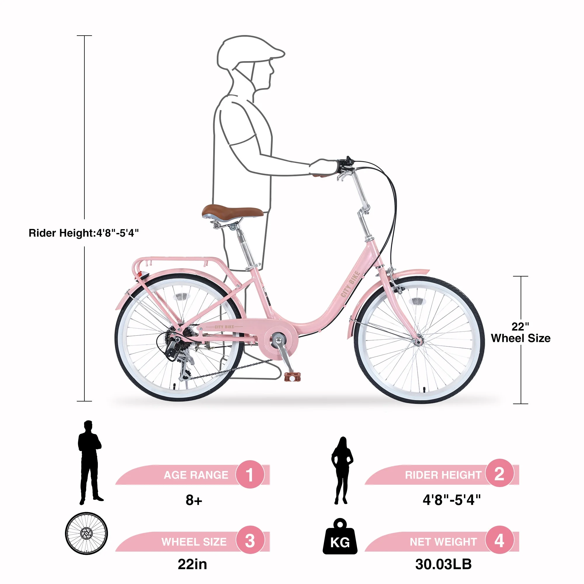 Girls Cruiser Bike for Kids 8+ Years Old, City Bike with 22 inch Shimano, 7 speed, Leather Saddle, Front&Rear Caliper Brake, Commuter Bicycle Pink - Womvr