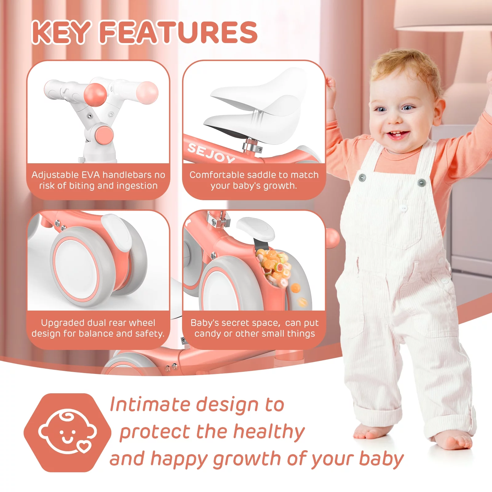 Sejoy Baby Balance Bike, Toddler Baby Bicycle with 4 Wheels for 10-36 Months, Adjustable Handlebar Baby Outdoor Bike Riding Toy, First B-day Gift - Womvr