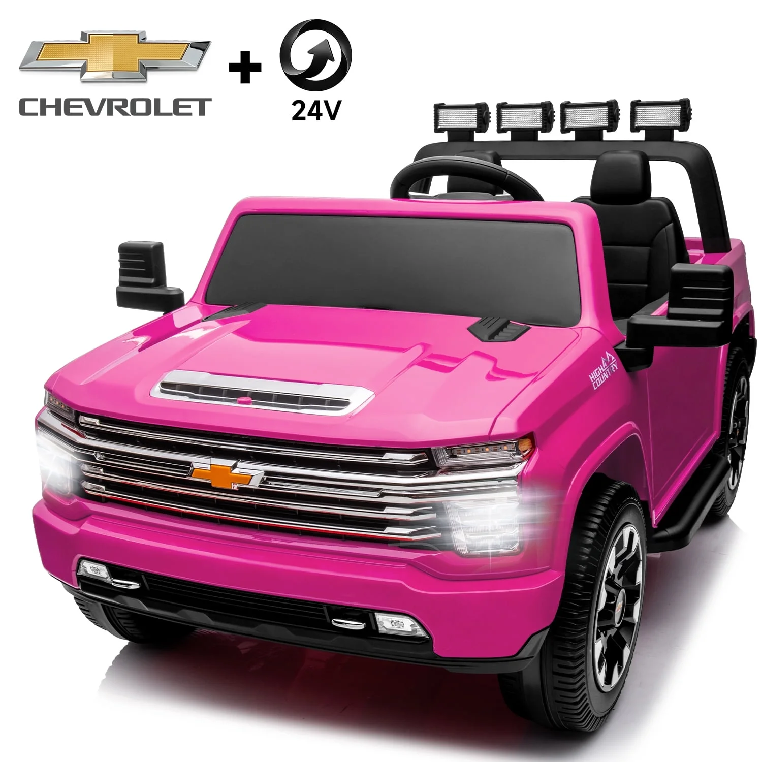 Track 7 24V Ride on Car, Licensed Silverado HD 2 Seater Electric Car for Boys Girls Age 3+, 24V Ride on Truck w/Remote Control, Music, ABC, Pink - Womvr