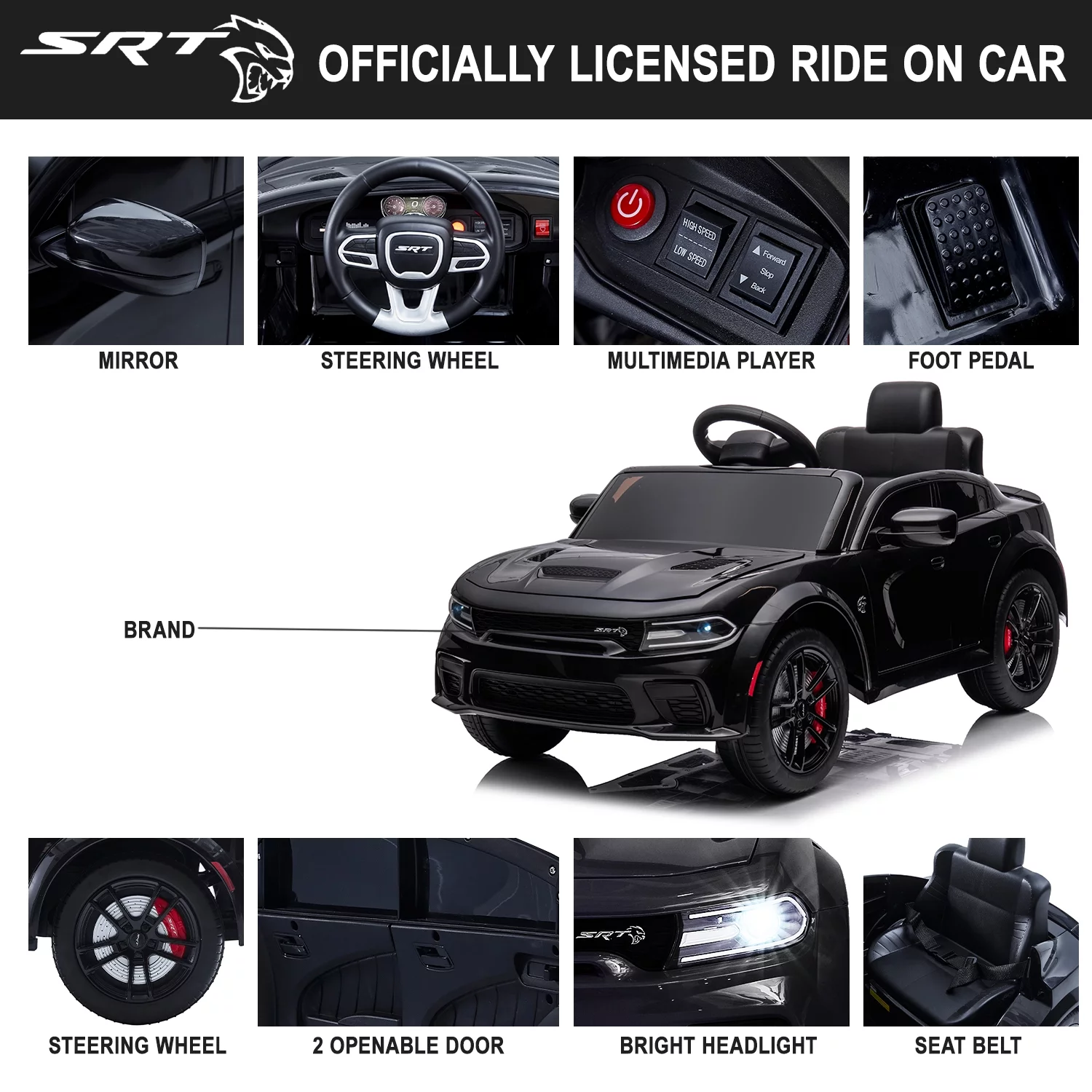 uhomepro Black 12 V Dodge Charger SRT Hellcat Battery Powered Ride on Cars with Remote Control, Bluetooth, LED Light and MP3 Player - Womvr
