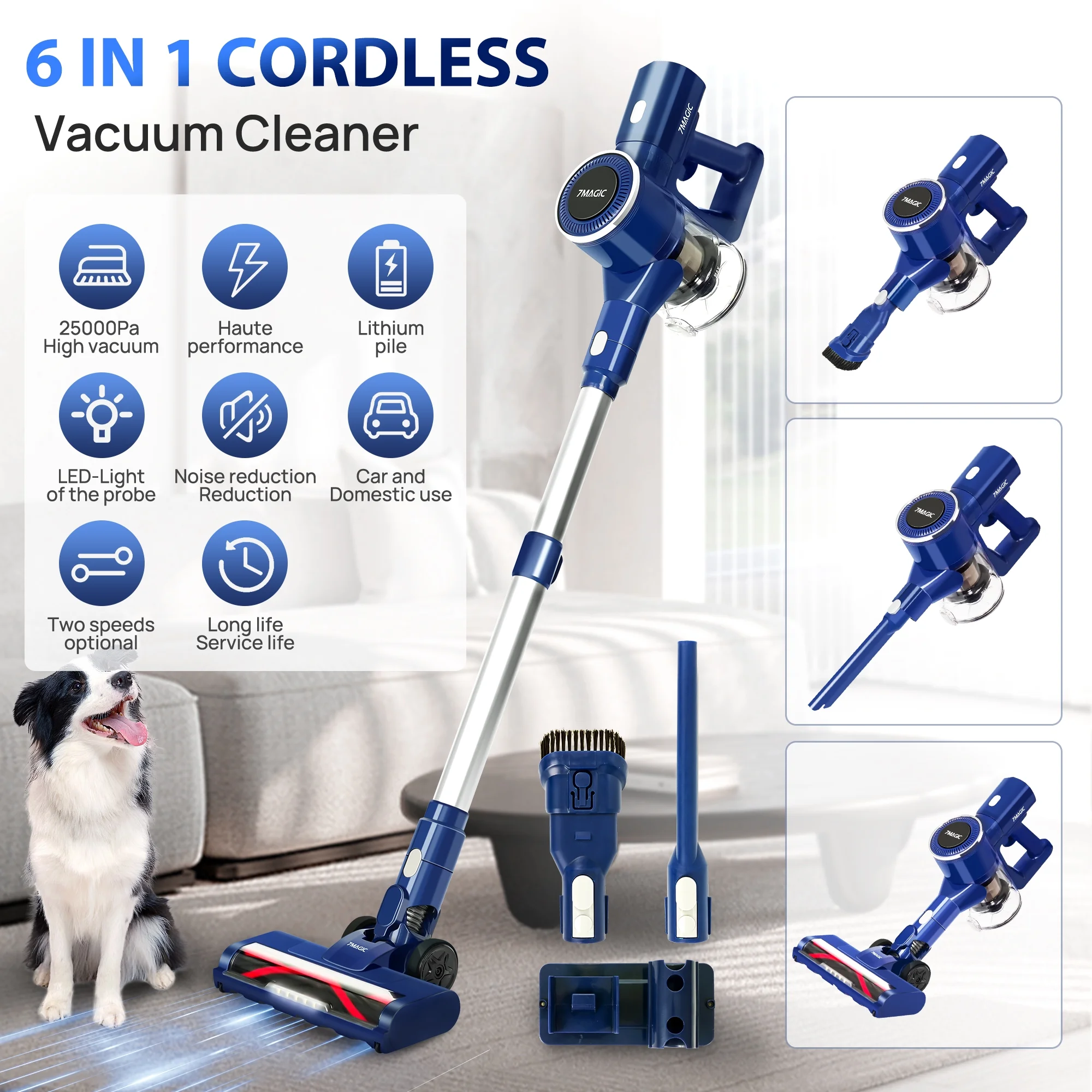 7MAGIC Cordless Vacuum Cleaner, Stick Vacuum Cleaner with 25Kpa Suction for Carpet, Hard Surfaces and Pet Hair, 40 Mins Runtime, 6 in 1 Lightweight Handheld Vacuum for Home and Car - Womvr