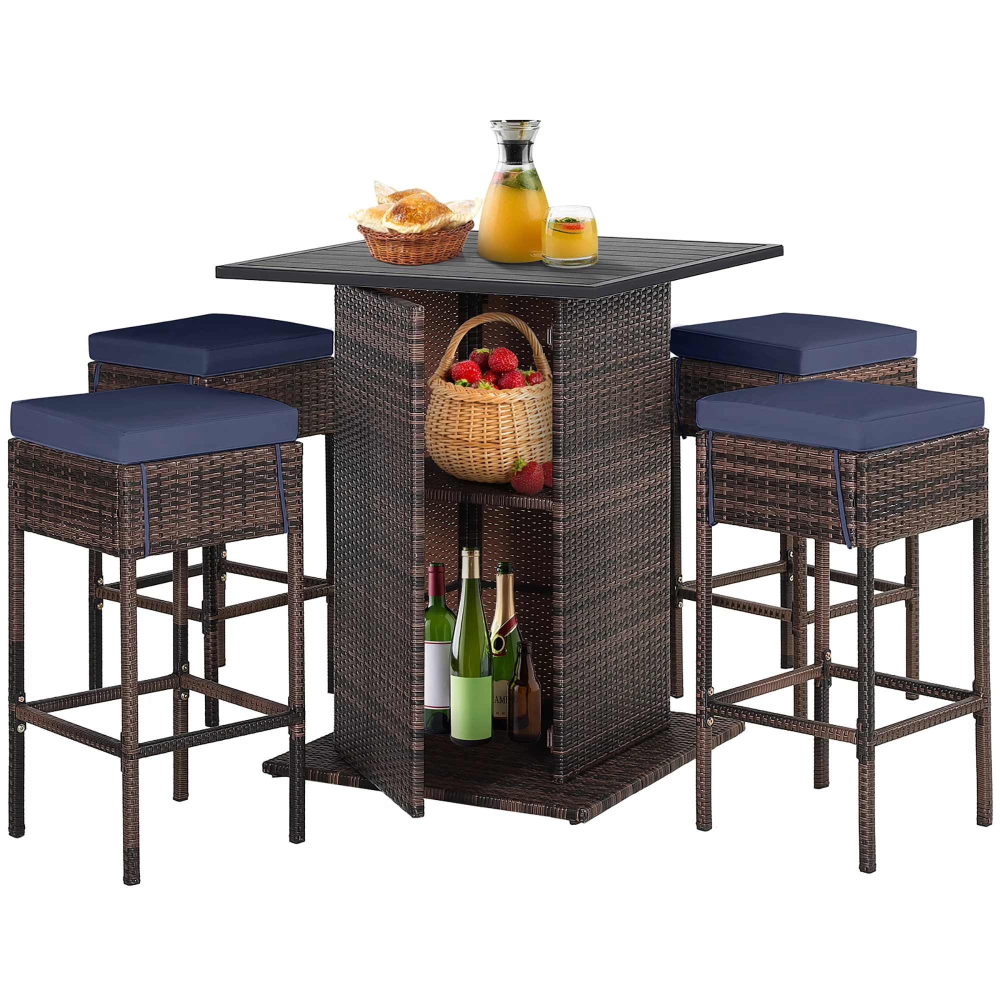 Gymax 5PCS Patio Bar Set Rattan Bar Furniture Set w/ Table & 4 Cushioned Stools Navy - Womvr
