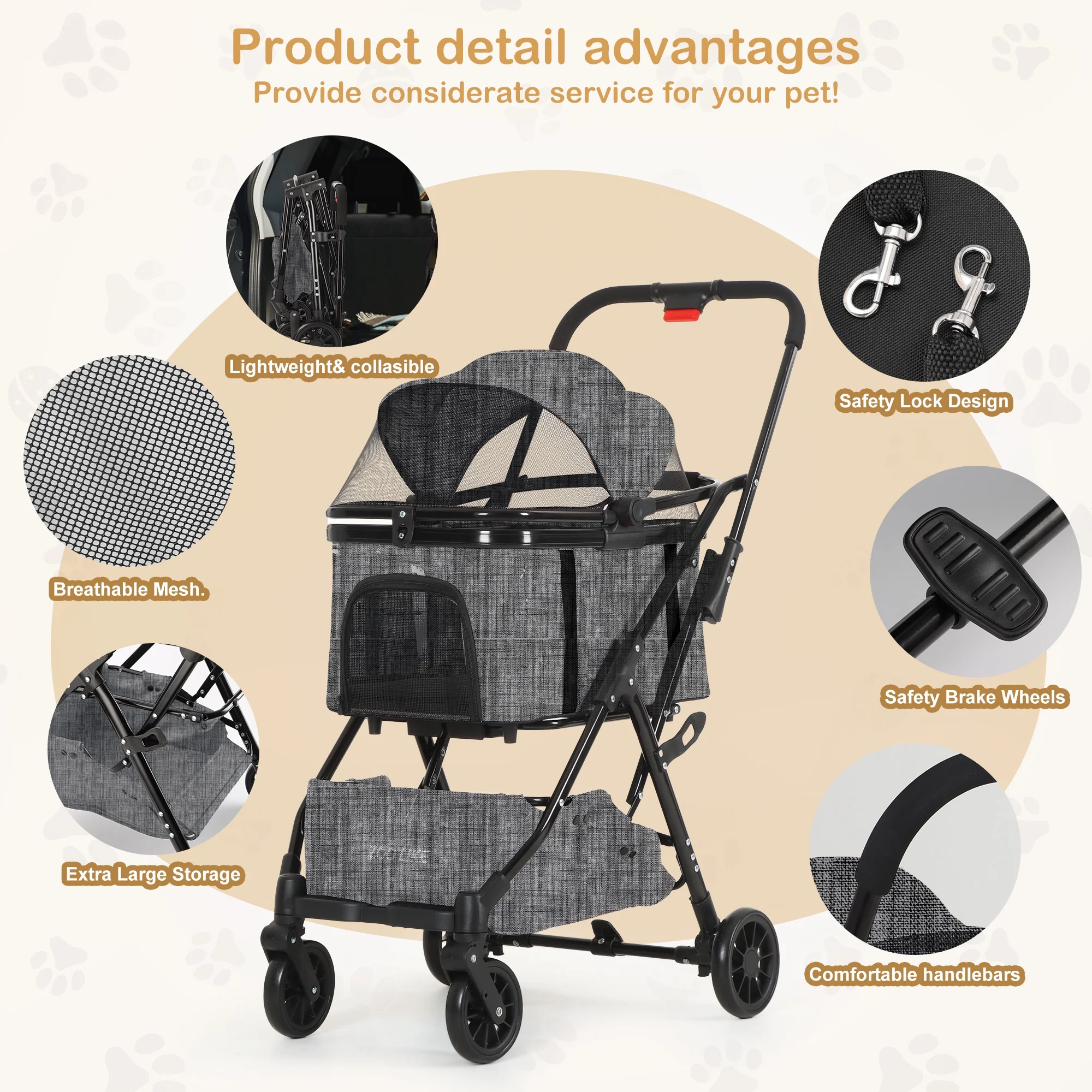 Zoolike Pet Stroller, Dog Cat Stroller 3-in-1 Detachable Doggy Stroller for Small Medium Dogs 4 Wheel Dog Travel Jogger Cart Cat Walker Foldable Wagons for Doggy Rabbit Puppy, Gray - Womvr