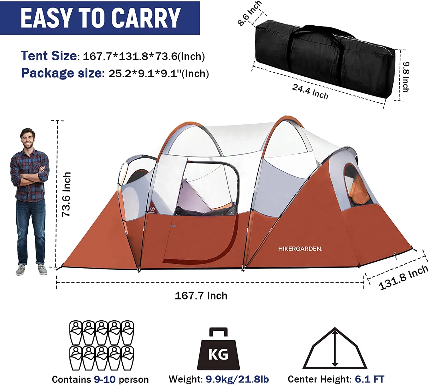 10 Person Camping Tent - Portable Easy Set Up Family Tent for Camp, Windproof Fabric Dome Tent Outdoor for Hiking, Backpacking, Traveling-14'x11'x74in(H) - Womvr
