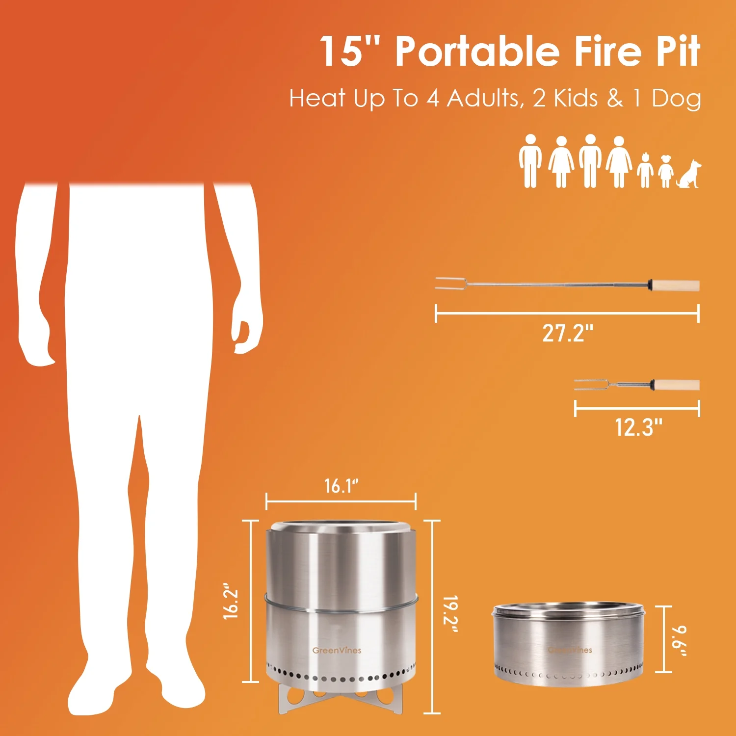 Smokeless Fire Pit for Camping with Stand & Bag & Sticks & Holders,304 Stainless Steel,15inch - Womvr