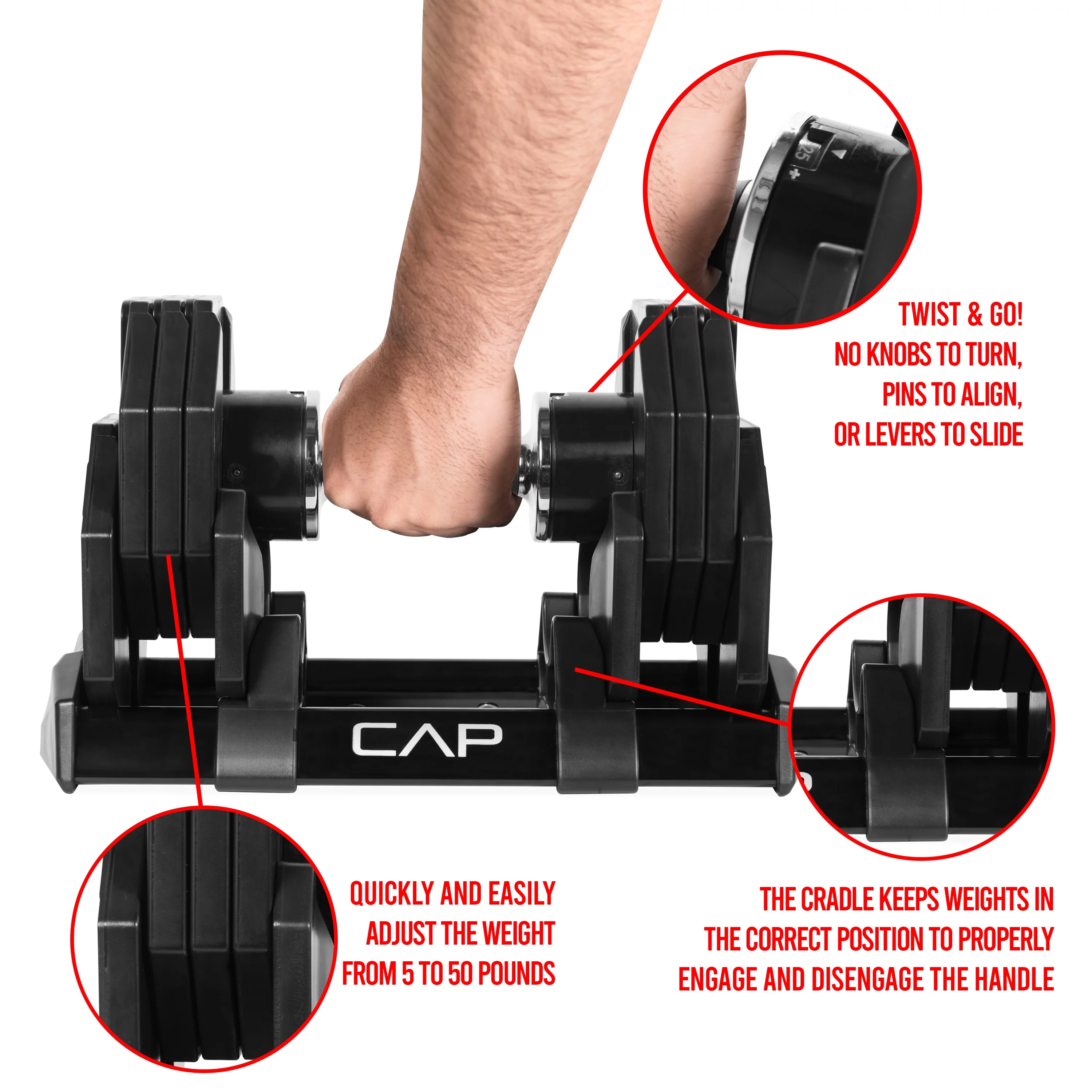 CAP Adjustable Dumbbell, Quick Select 5-50 Pounds, Single - Womvr