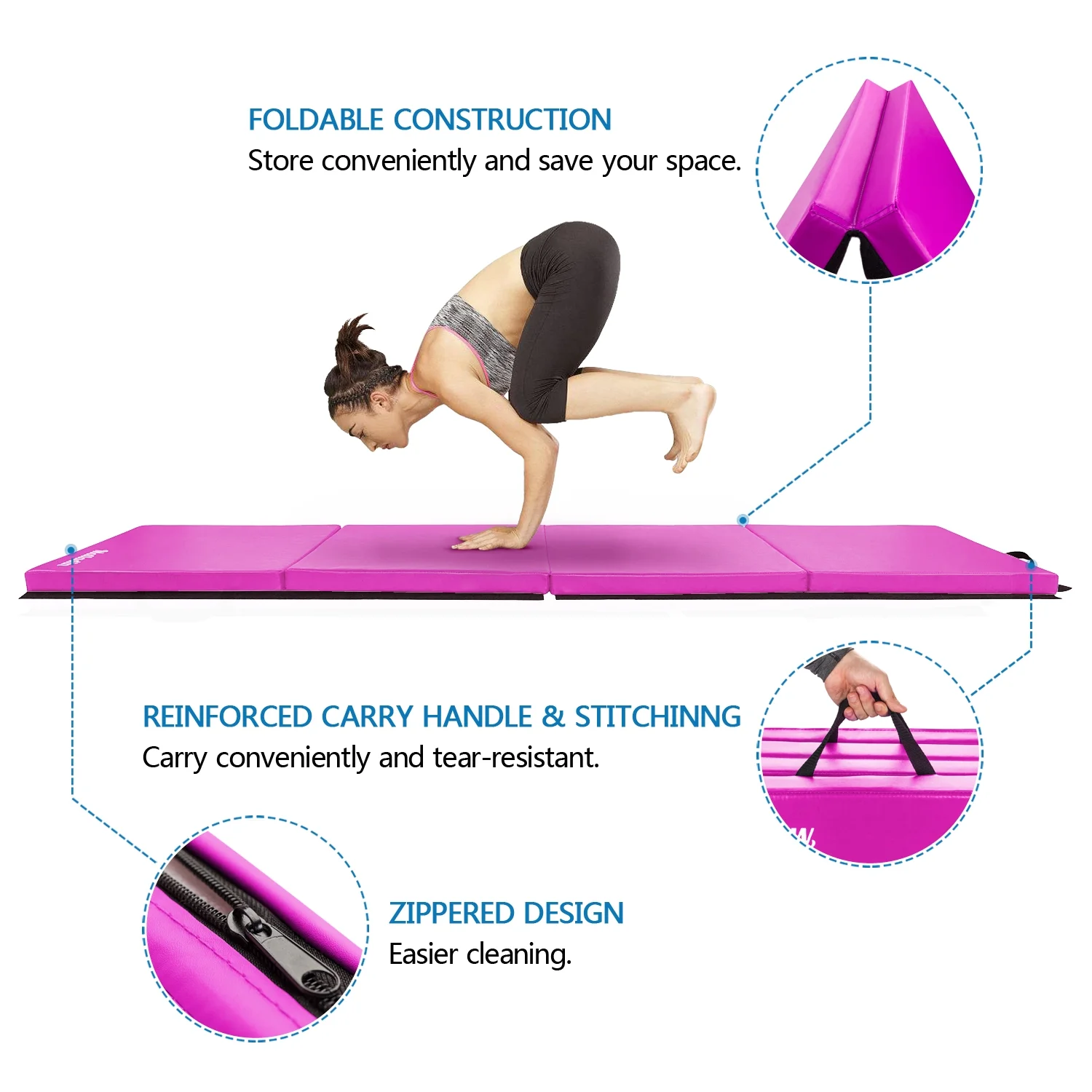 Matladin 8' Folding Gymnastics Gym Exercise Aerobics Mat, 8ft x 2ft x 2in PU Leather Tumbling Mats (Pink) - Womvr