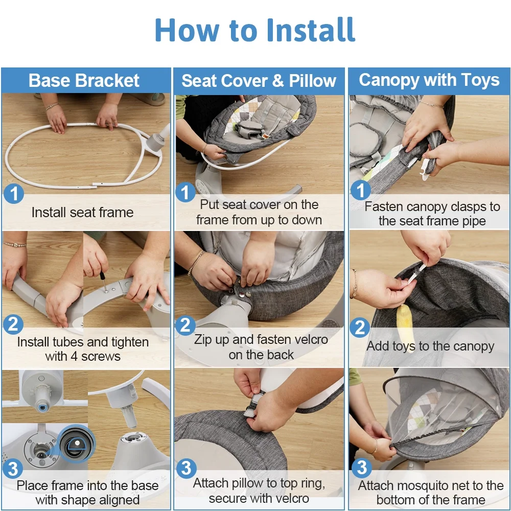 Electric Baby Swing, Bioby Infant Swing Chair Rocker with Remote Control, 5 Swing Speeds, Seat Belt, Bluetooth Music, Grey - Womvr