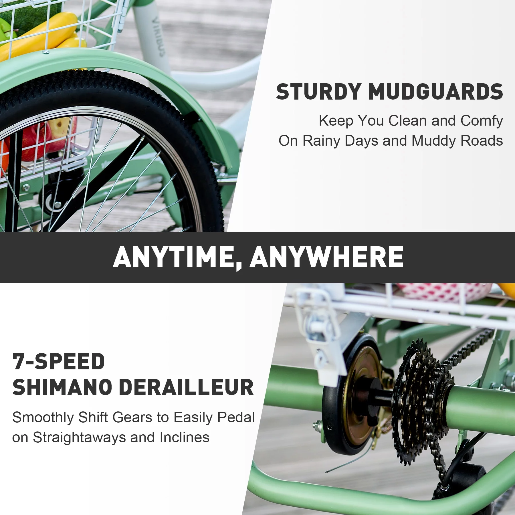 VIRIBUS 24 Inch Adult Trike 7 Speed Bike w Adjustable Seat 2 Baskets Matte Gray - Womvr