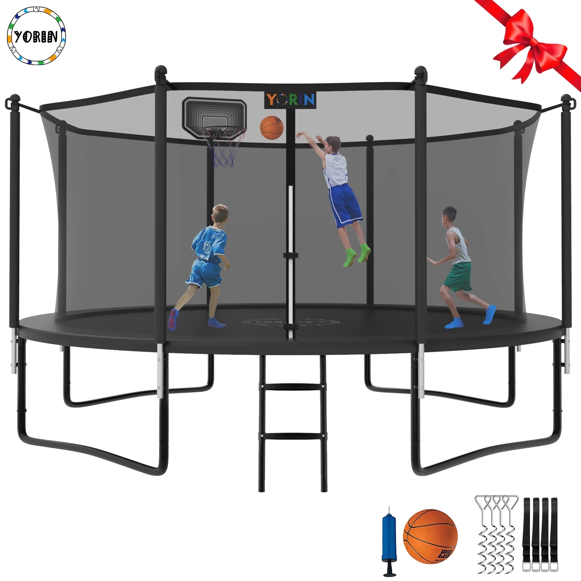 YORIN Trampoline 12FT for Kids Adults with Enclosure Net, 1200LBS Round Outdoor Trampoline with Basketball Hoop, Ladder, Galvanized Anti-Rust Coating Backyard Recreational Trampoline - Womvr