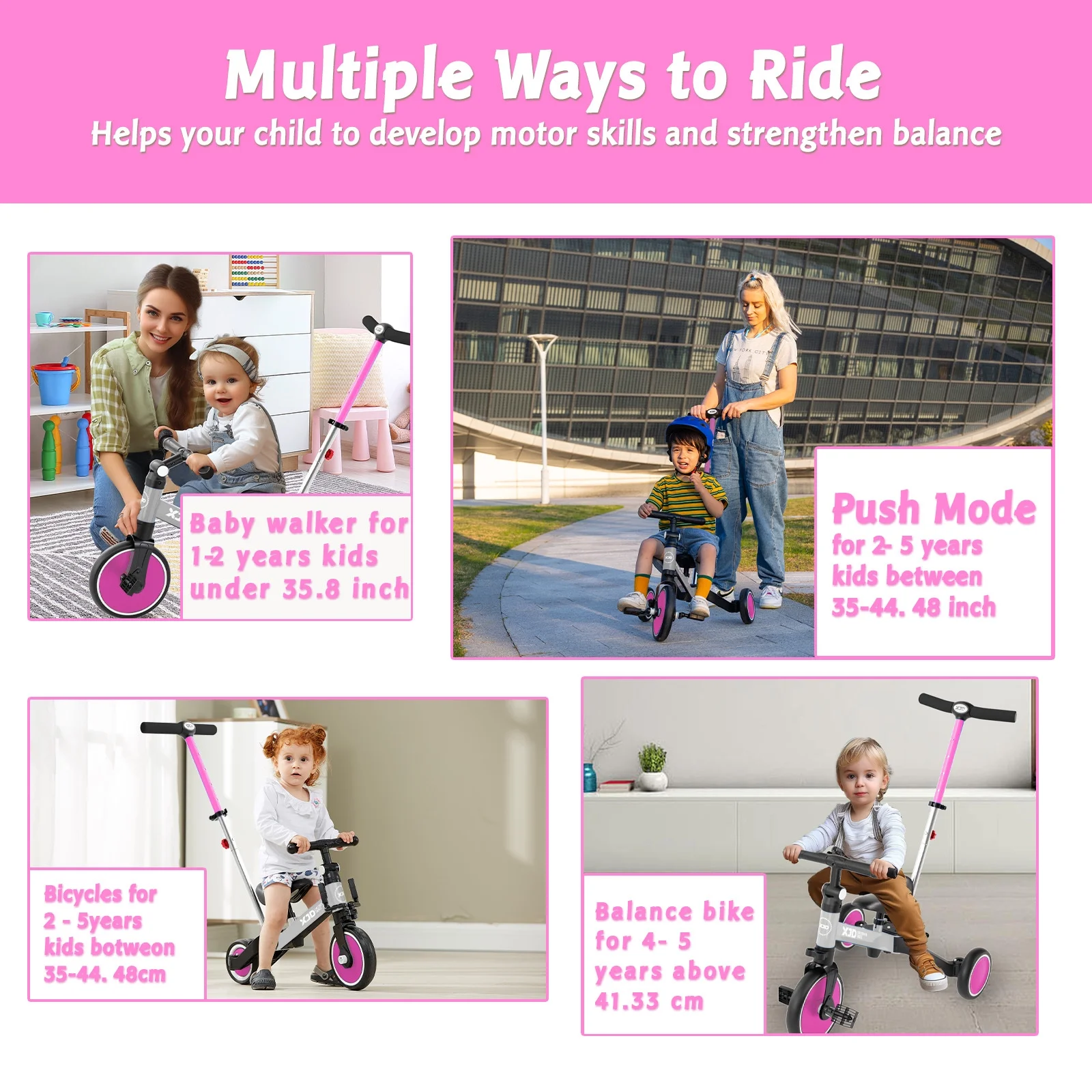 XJD 7 in 1 Toddler Tricycle with Push Handle,Toddler Bike for 1-3 Years Old Boy Girl, Toddler Push Tricycle, Baby Bike Balance Bike with Adjustable Seat Height and Removable Pedal - Womvr