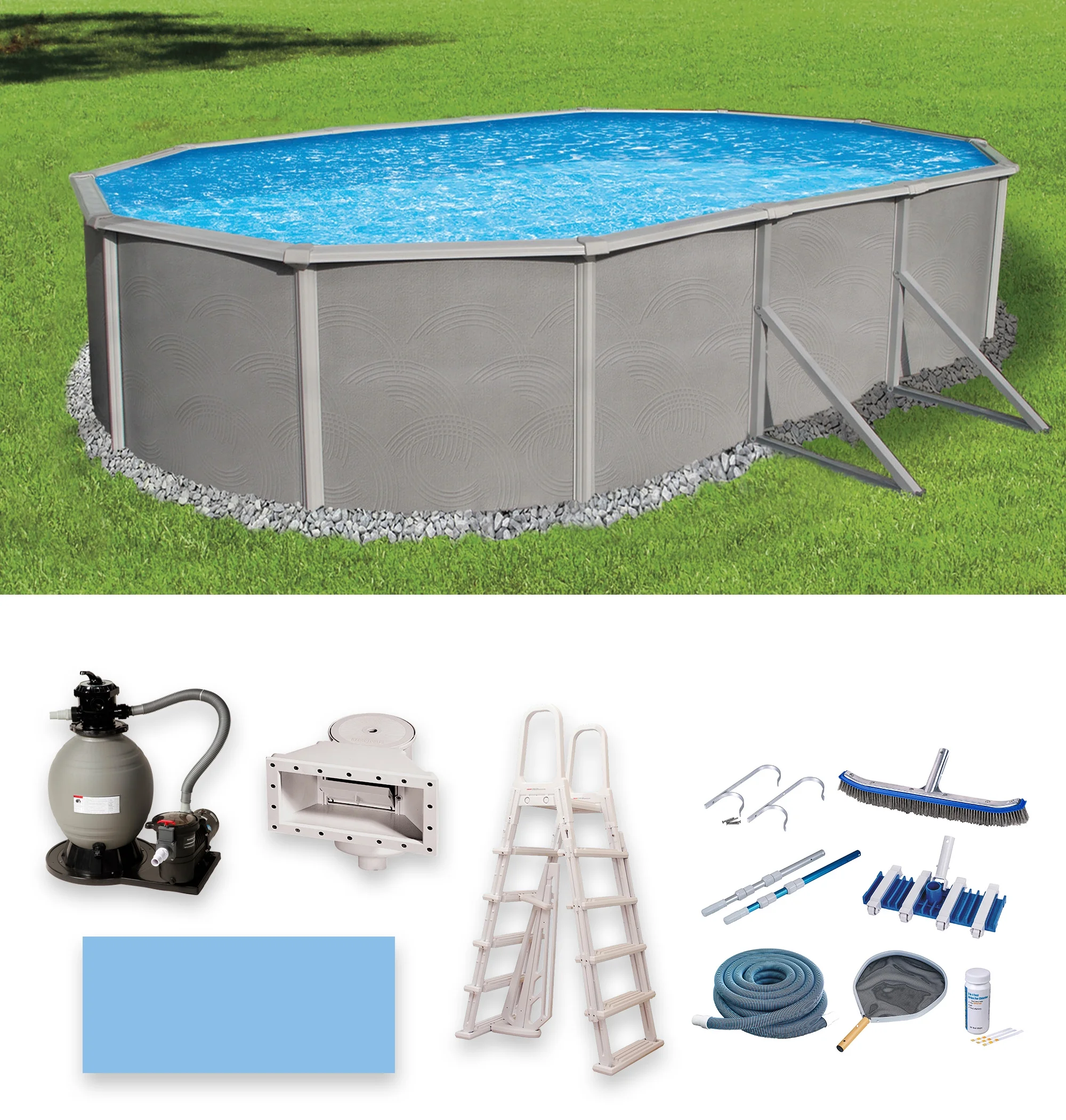 Belize 18-ft x 33-ft Oval 52-in Deep 6-in Top Rail Metal Wall Swimming Pool Package - Womvr