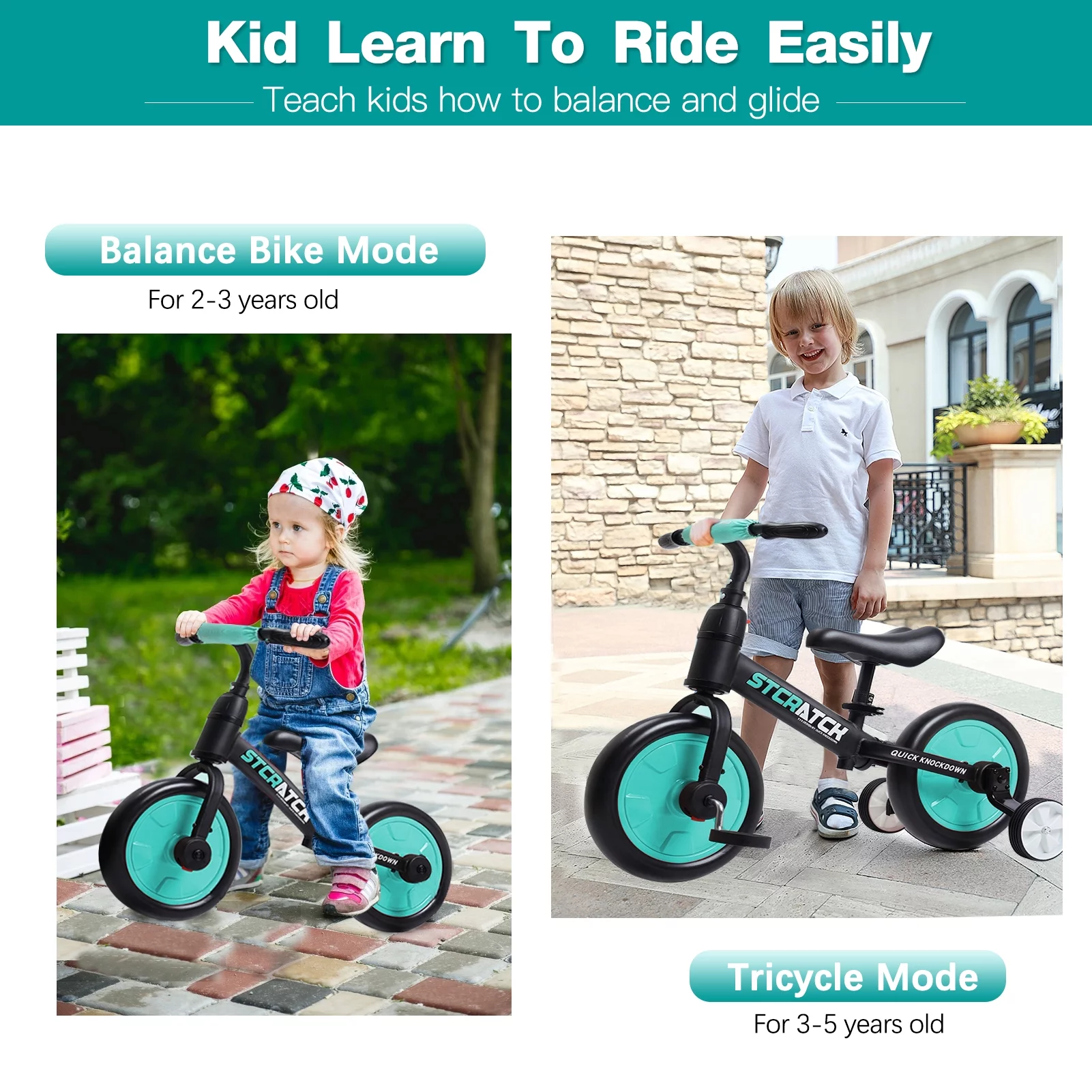 WLRETMCI Kid Balance Bike, 4 in 1 Toddlers Training Bicycle for 2-5 Years Old Boys Girls, Lightweight with Pedals and Training Wheels, Red Christmas Gifts - Womvr