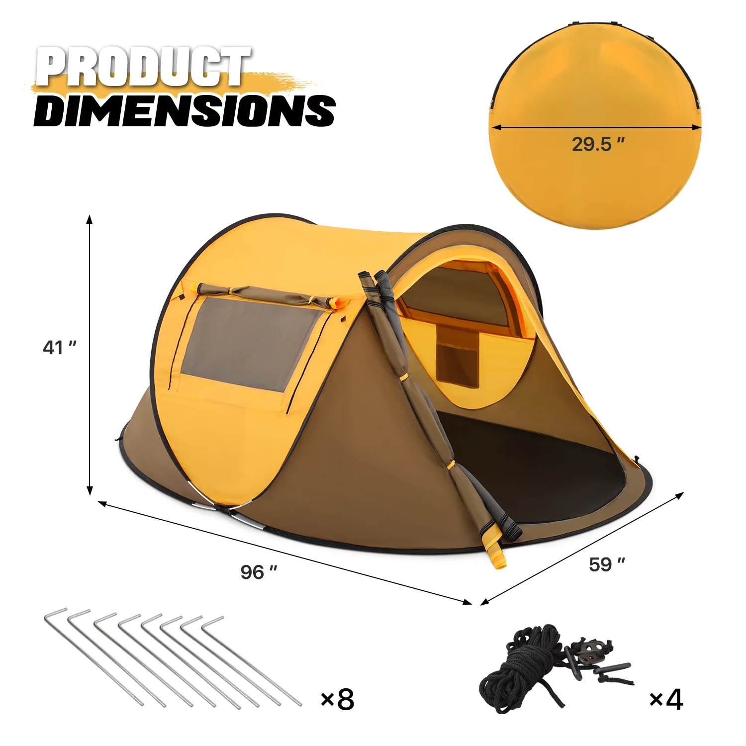MoNiBloom Tent 3 Person Outdoor Pop Up, Family Travel Weatherproof Tent, 2 Doors and Side Windows with Carry Bag, Yellow - Womvr