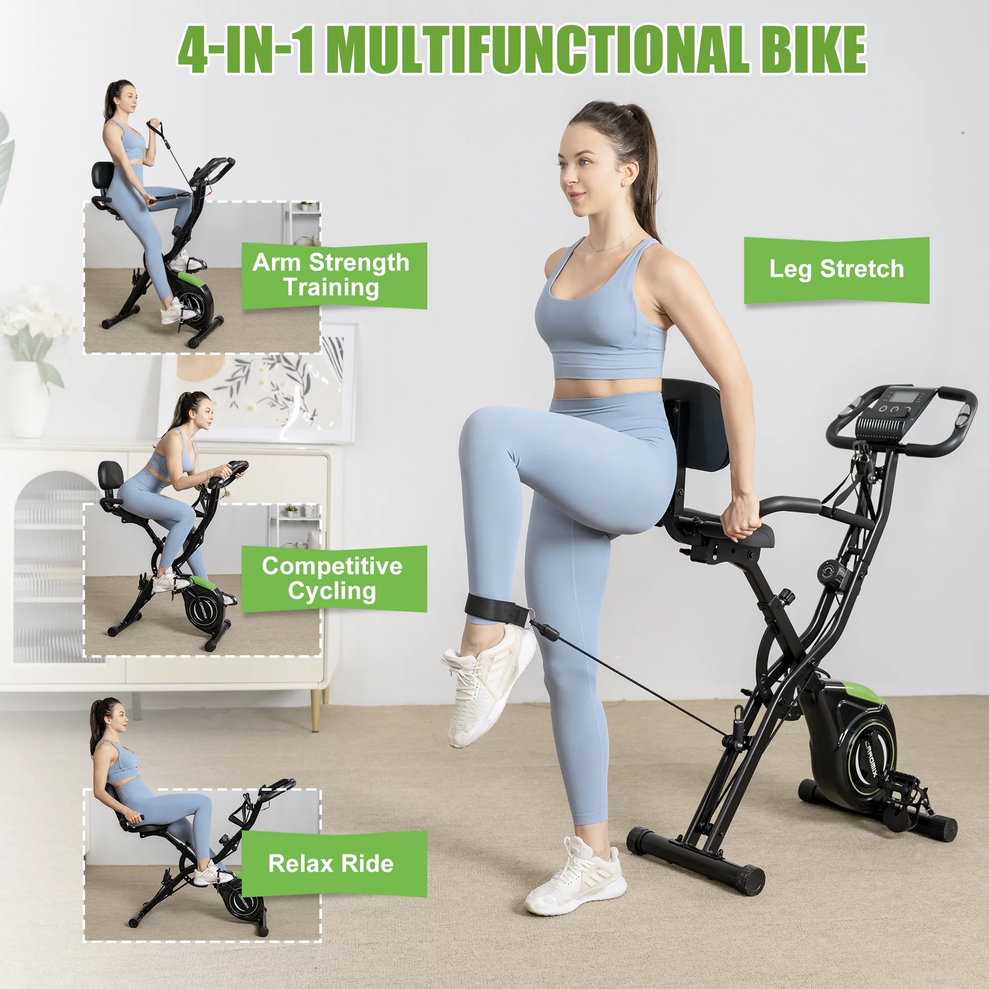 JELENS Folding Exercise Bike, 4 in 1 Stationary Bike 16-Level Magnetic Resistance Cycling Bicycle Upright Indoor Cycling Bike for Home Workout 330LB Capacity - Womvr