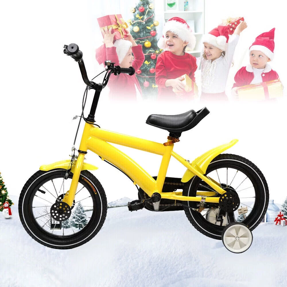 Loyalheartdy 14 Inch Yellow Kids Bike Adjustable Height Children Bicycle Universal Child Cycle with Safe Training Wheels - Womvr