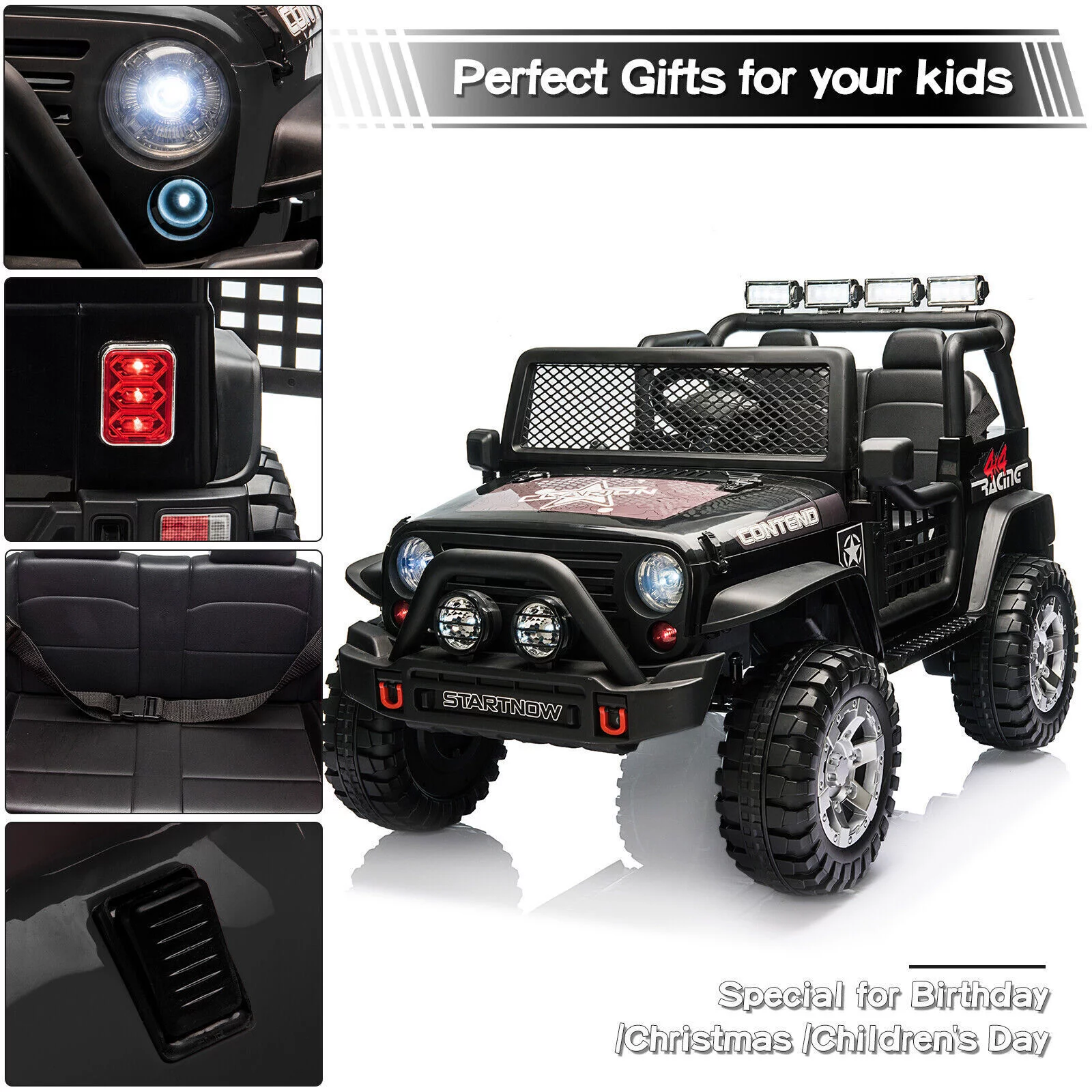 Dazone 12V Kids Ride on Jeep Car, Electric 2 Seats Off-road Jeep Ride on Truck Vehicle with Remote Control, LED Lights, MP3 Music, Black - Womvr