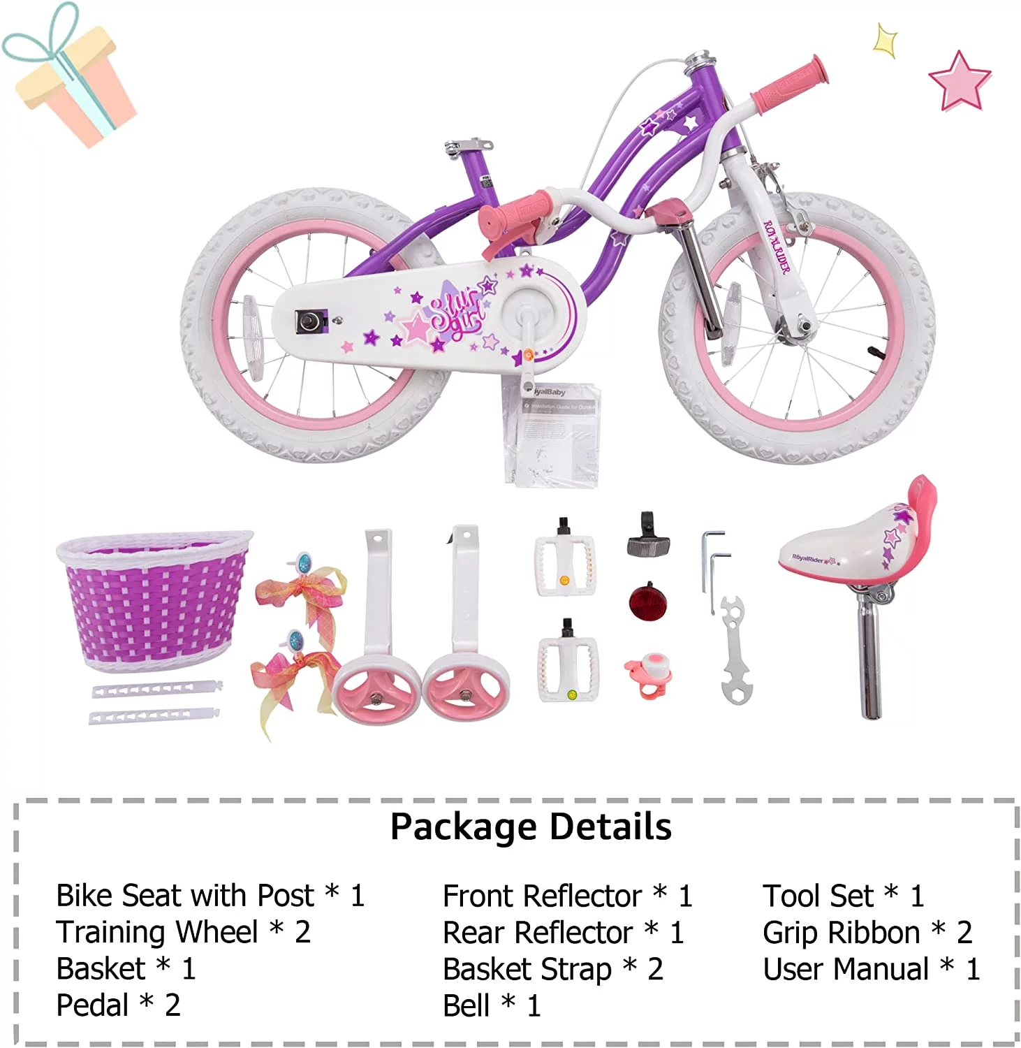 Royalbaby Girls Kids Bike Star girl 16 In. Bicycle Basket Training Wheels Kickstand Blue Child's Cycle - Womvr