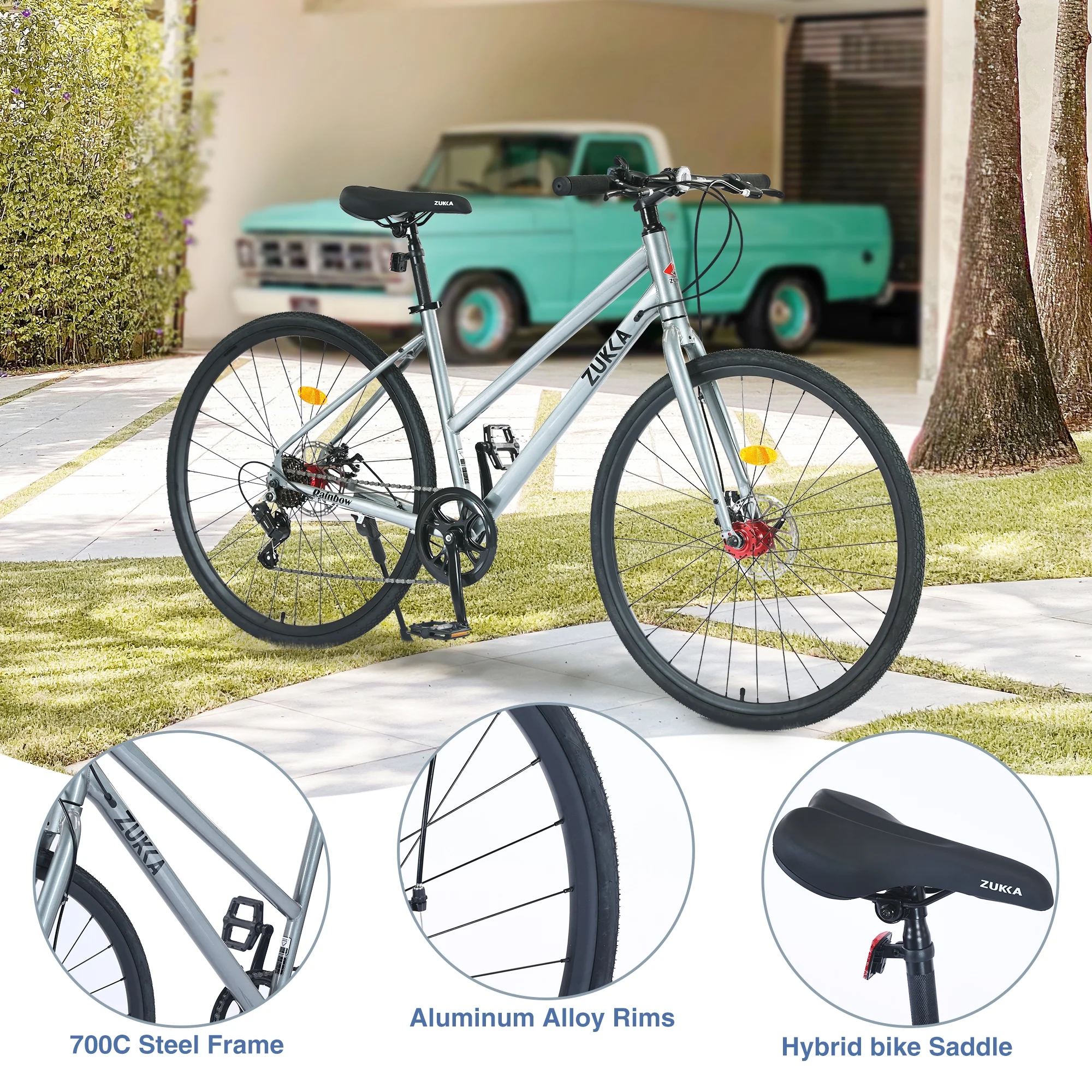 Zukka Hybrid Bicycle Road Bike for Women Girl Aluminum Alloy 700C 7 Speed Light Blue City Bike - Womvr