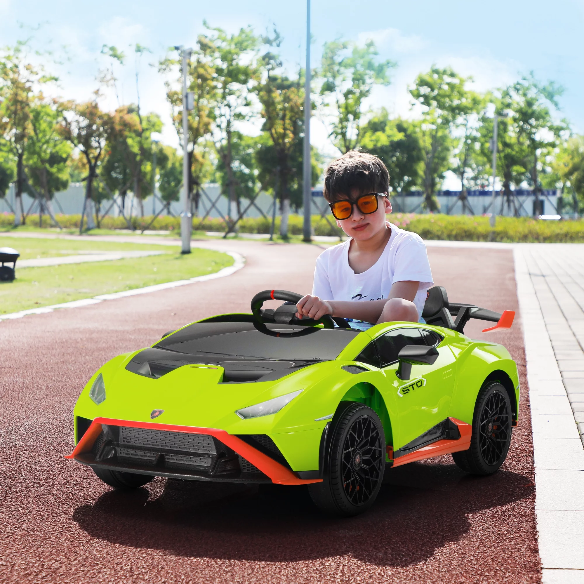 TOBBI 24V Lamborghini STO Licensed Kids Ride on Drift Car Gray Electric Car W/Remote Control LED Lights, up to 10 mph - Womvr