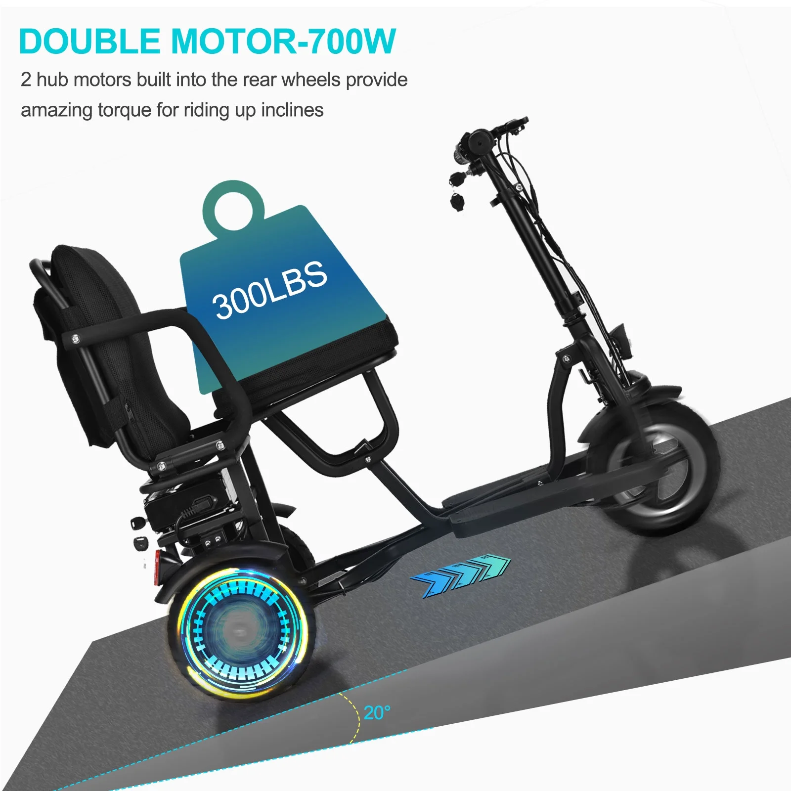 MotoTec Folding Mobility Electric Trike 48v 700w Dual Motor Lithium Black - Womvr
