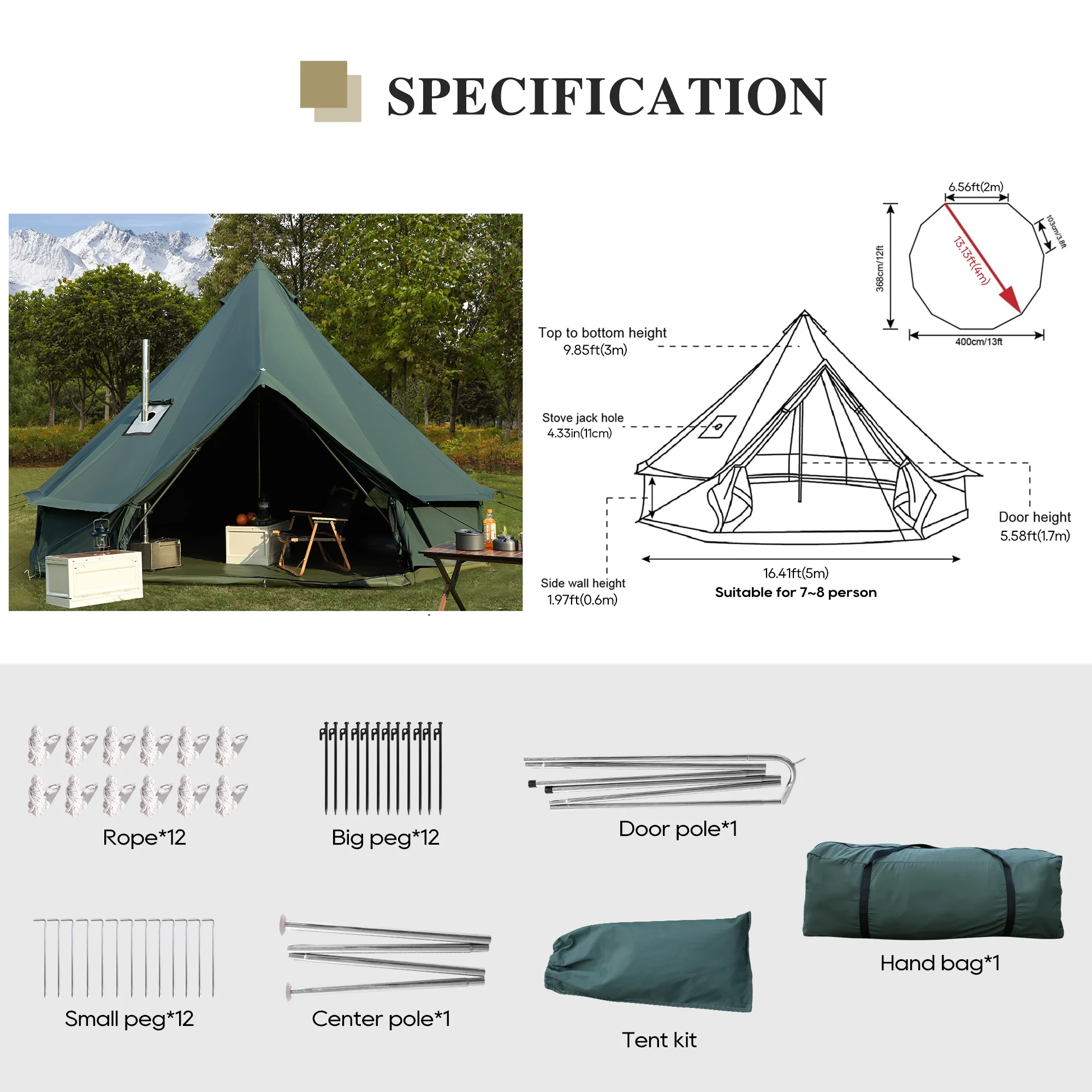 LVUYOYO Bell Tent for Camping, Cotton Canvas Bell Tent with Stove Jack, Outdoor Canvas Bell Tent for Family Glamping Camping, 4 Season Tent with Zipped Removable Floor,5M,Green - Womvr