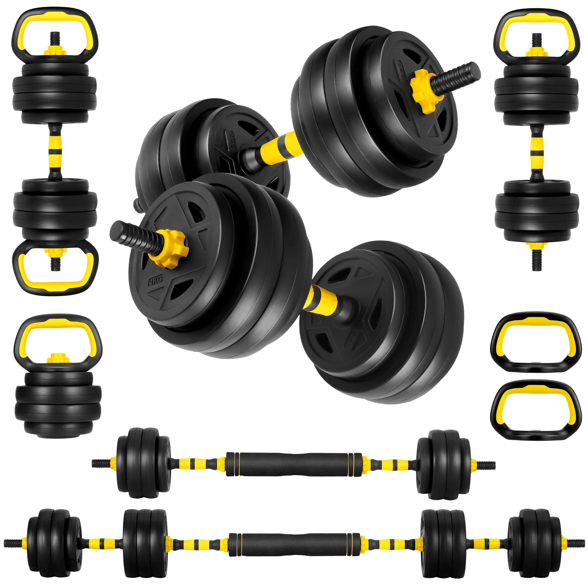 FIXTECH 66 Lbs Adjustable Weight Dumbbell Barbell Set, 4-In-1 Free Weight Combination with Curved Bar Connector for Women Men Workout Fitness, Yellow - Womvr