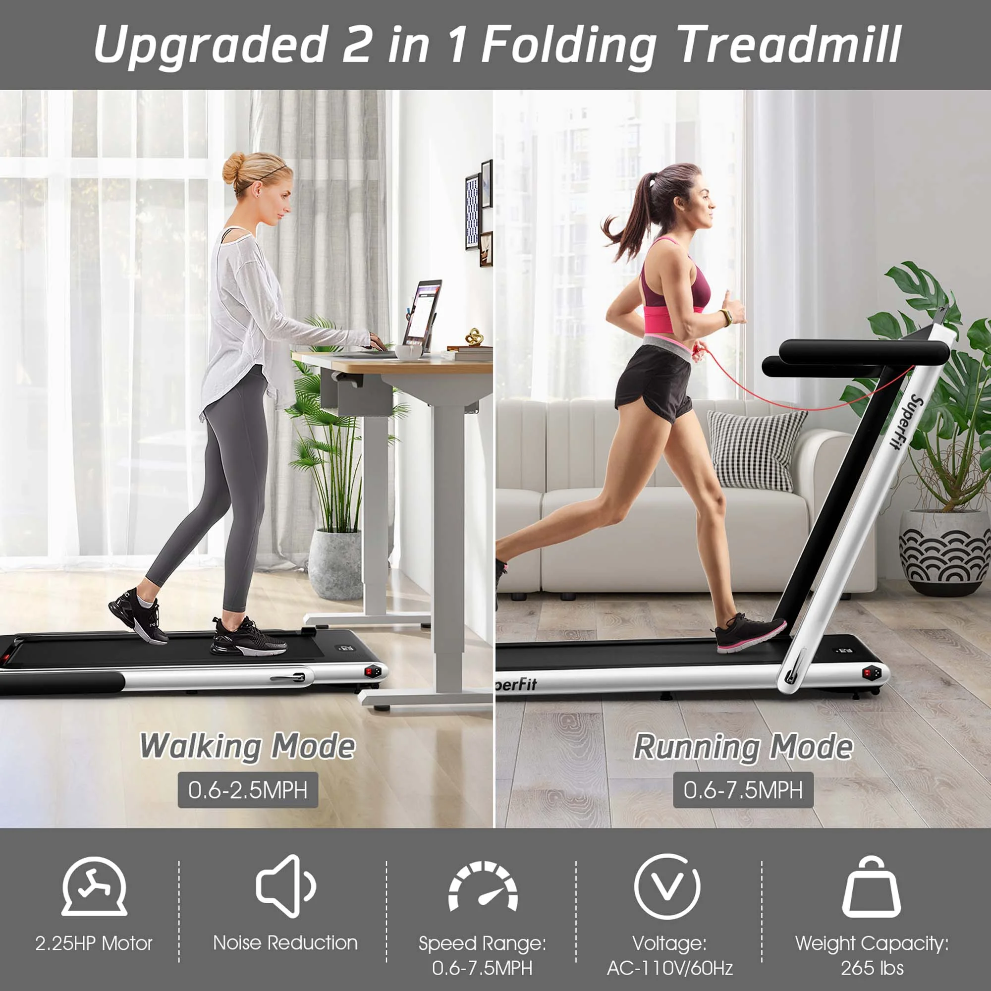 SuperFit Up To 7.5MPH 2.25HP 2 in 1 Dual Display Screen Folding Treadmill Jogging Machine W/APP Control Silver - Womvr