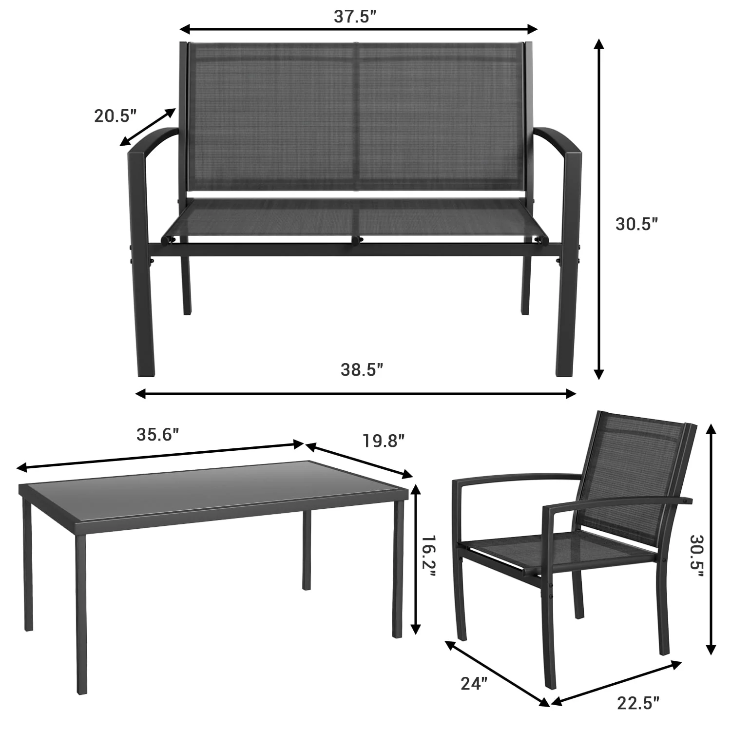 LACOO 4 Pieces Outdoor Furniture Set Patio Textilene Steel Conversation Set with Loveseat Tea Table for Lawn and Balcony, Black - Womvr