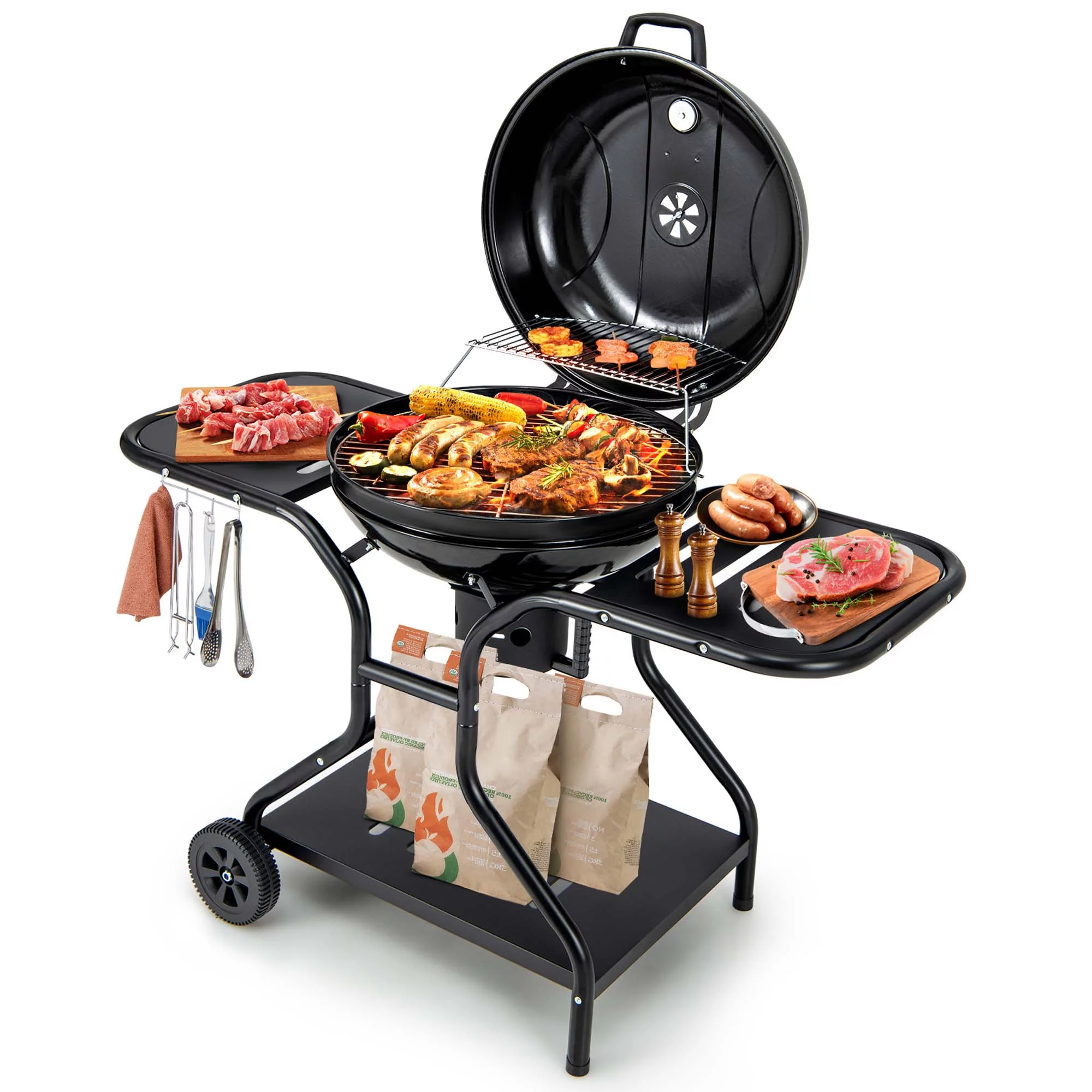 Costway 22 inch Charcoal BBQ Grill with Built-In Thermometer Wheels Side & Bottom Shelves - Womvr