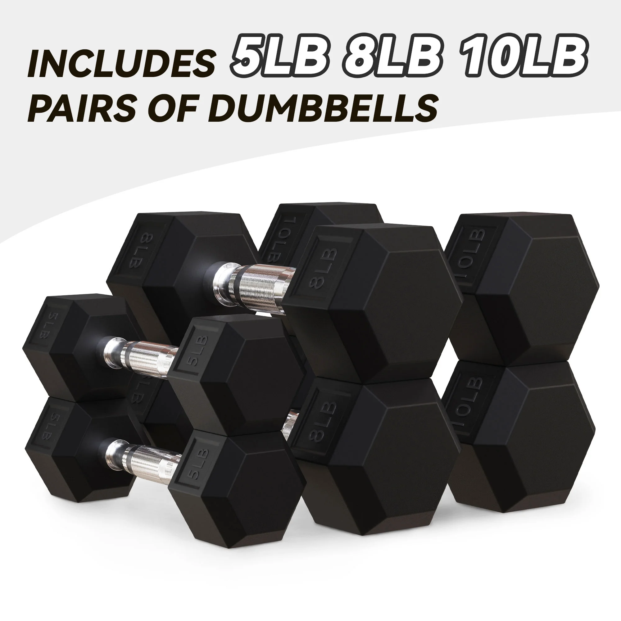 BalanceFrom Rubber Hex 5, 8, and 10 Pound Dumbbell Pairs with Metal Rack - Womvr