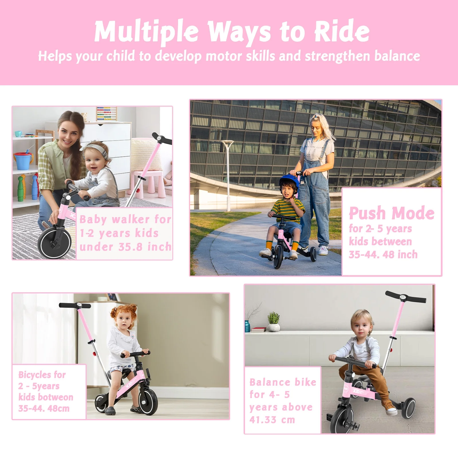 XJD 7 in 1 Toddler Tricycle with Push Handle,Toddler Bike for 1-3 Years Old Boy Girl, Toddler Push Tricycle, Baby Bike Balance Bike with Adjustable Seat Height and Removable Pedal - Womvr